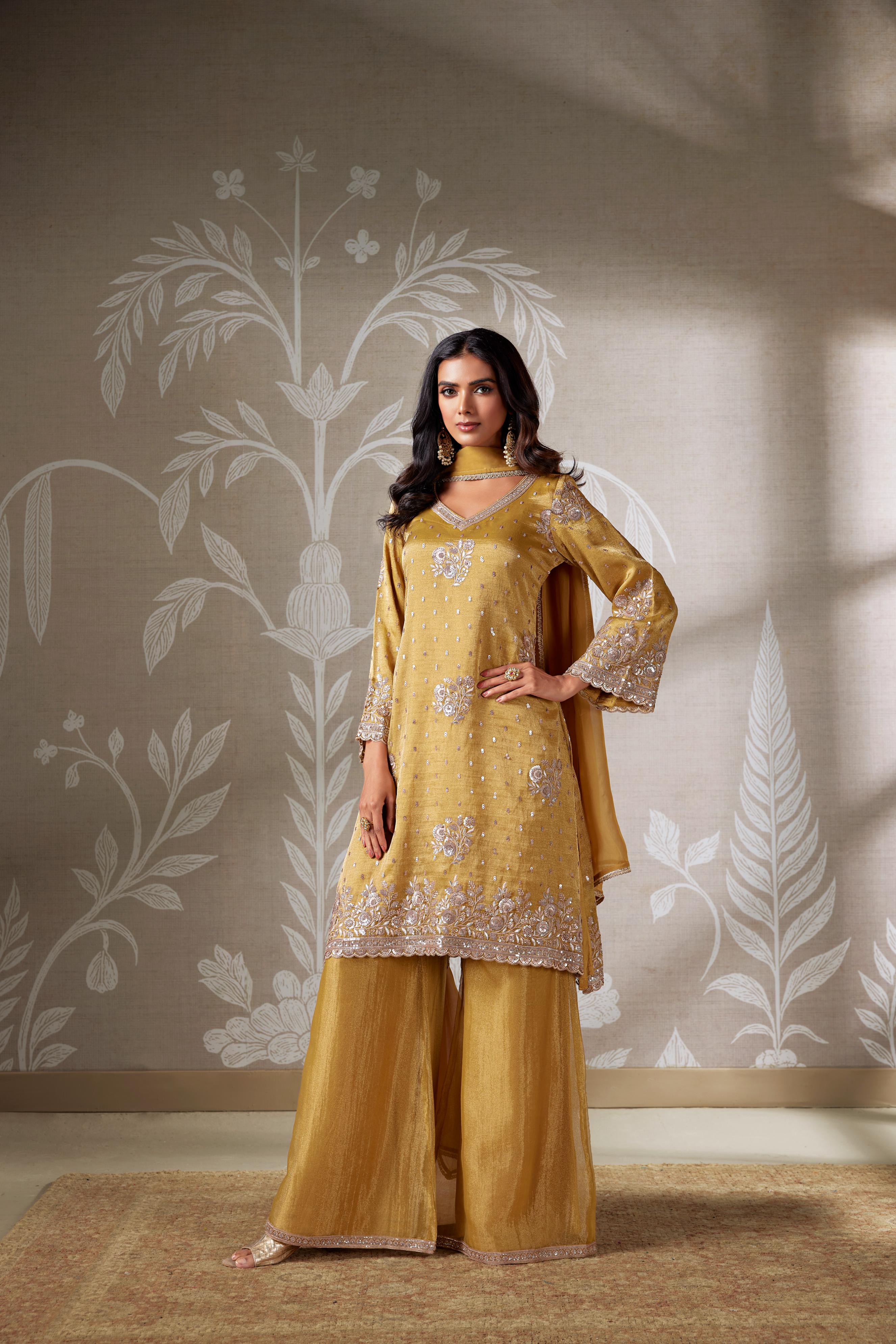 Mustard Silver Embellished Kurta Sharara Set