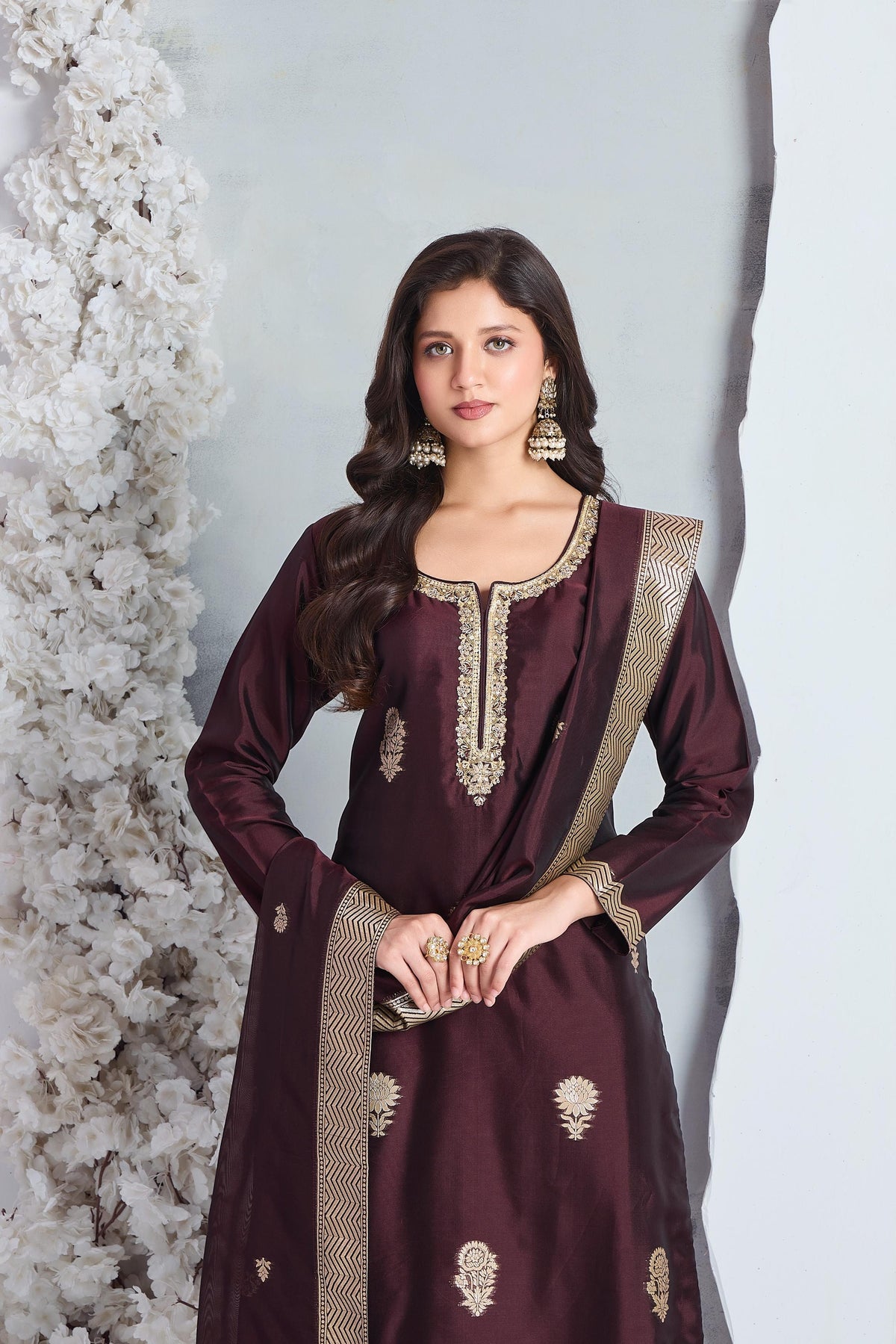 Deep Wine Embellished Viscose Silk Pant Set