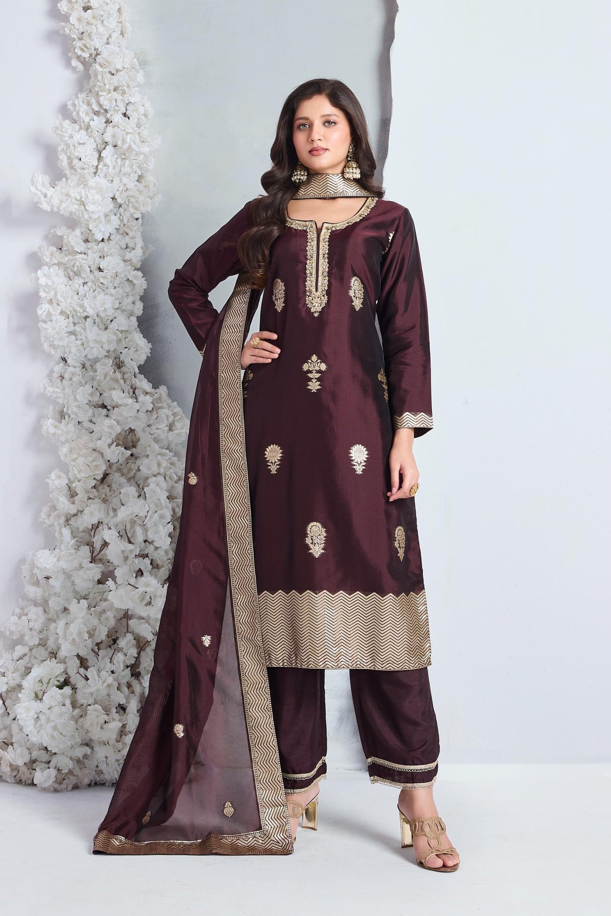 Deep Wine Embellished Viscose Silk Pant Set
