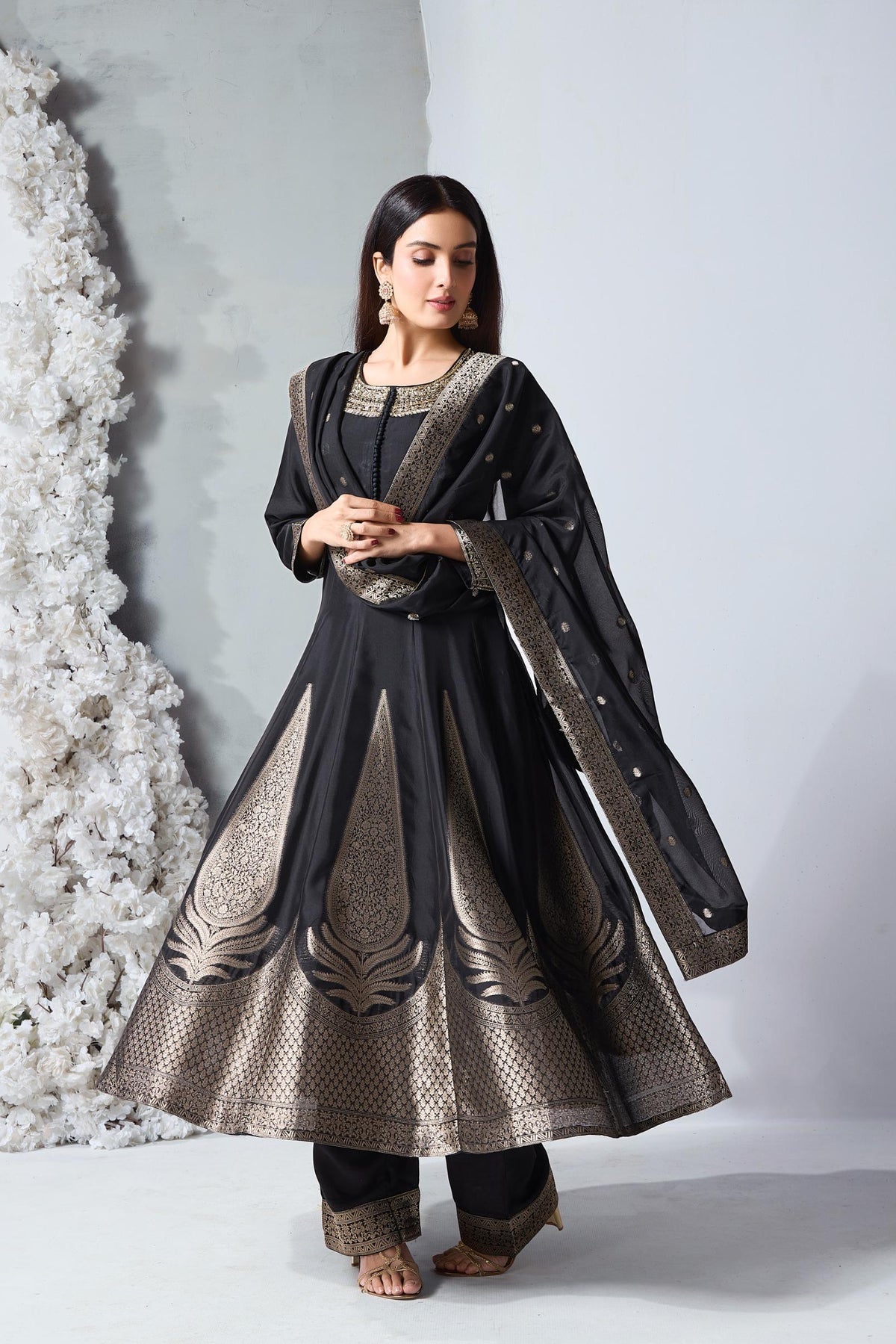 Jet Black Embellished Viscose Silk Anarkali Set