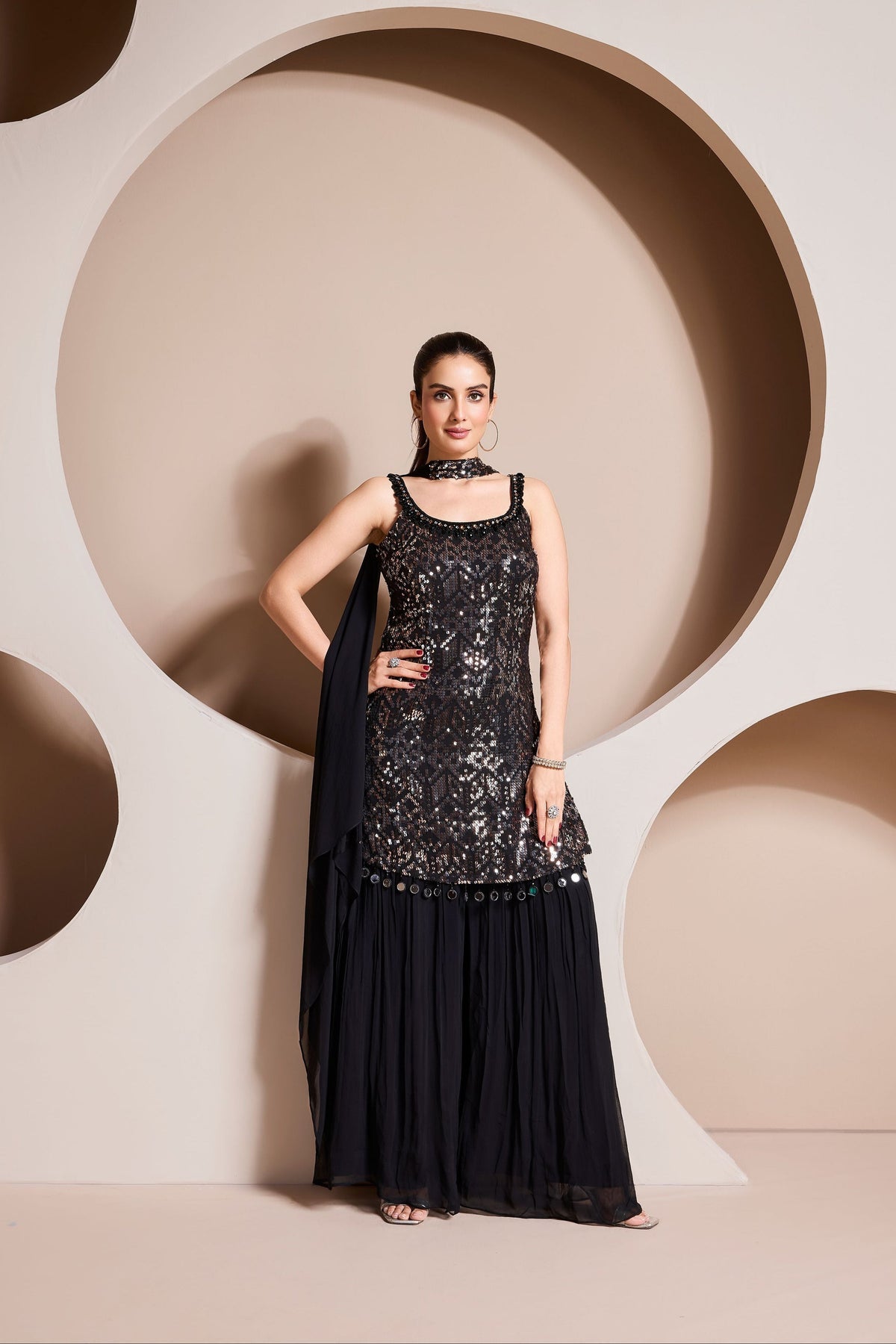 Charcoal Black Embellished Georgette Silk Palazzo Set