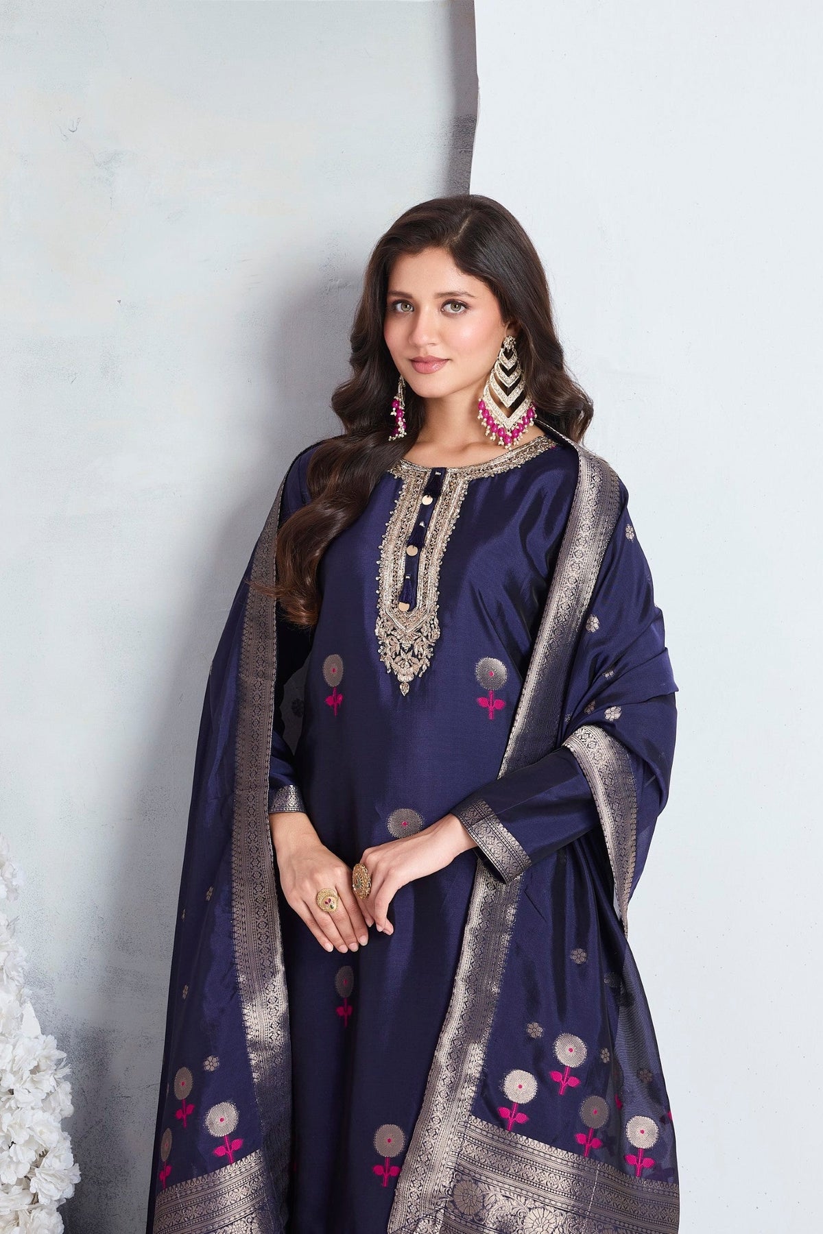 Ink Blue Embellished Viscose Silk Pant Set