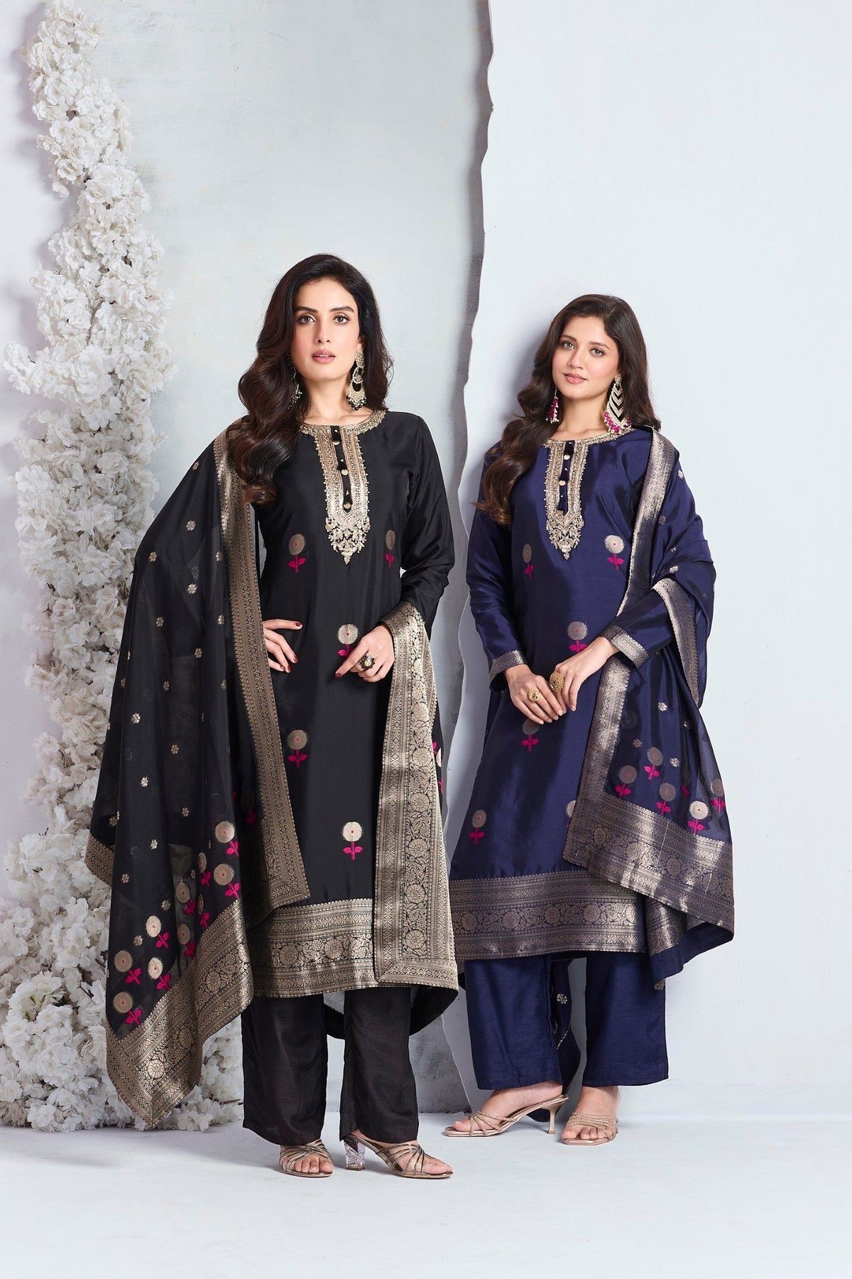 Ink Blue Embellished Viscose Silk Pant Set
