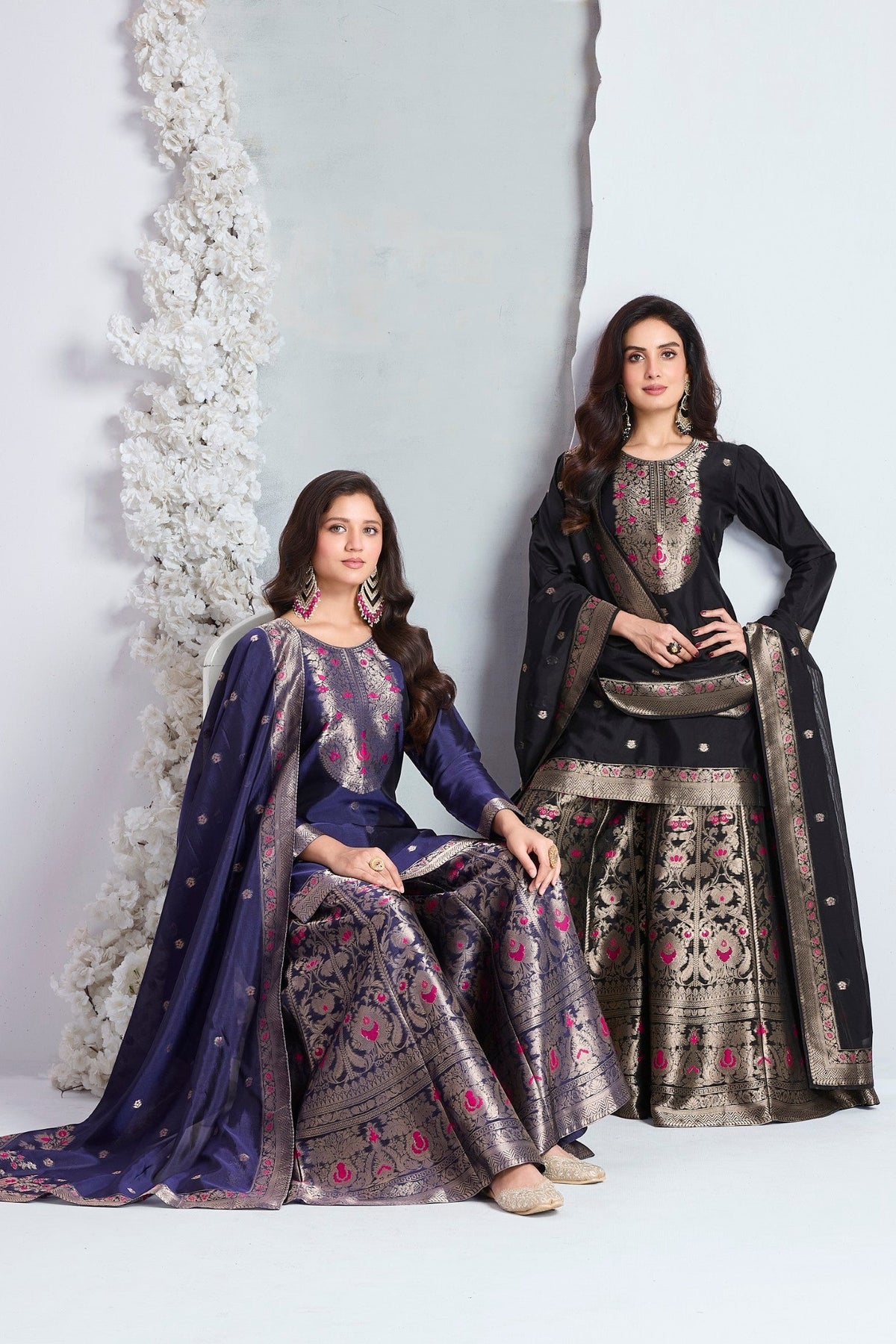 Jet Black Embellished Viscose Silk Palazzo Set