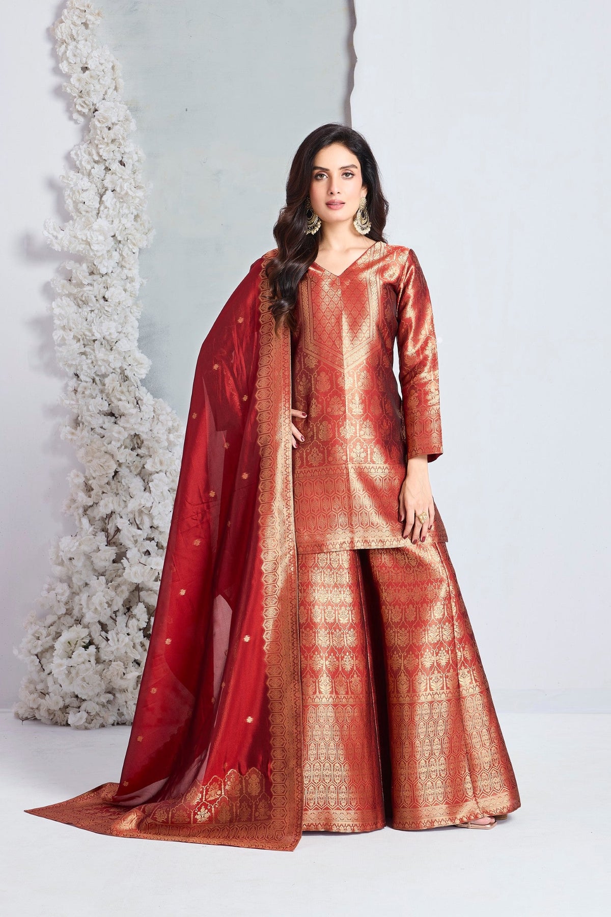 Crimson Red Embellished Viscose Silk Palazzo Set