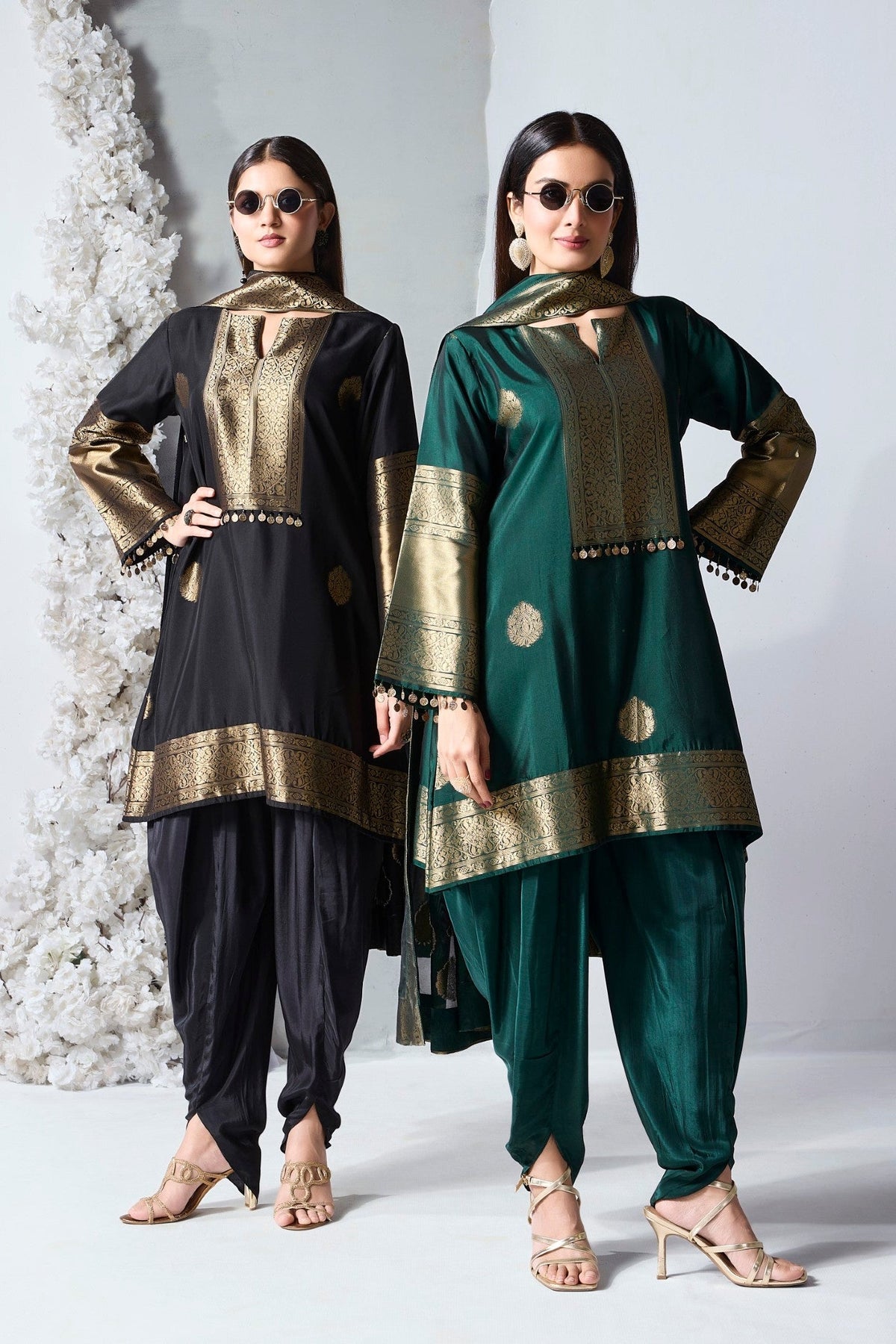 Rich Emerald Green Embellished Viscose Silk Dhoti Set