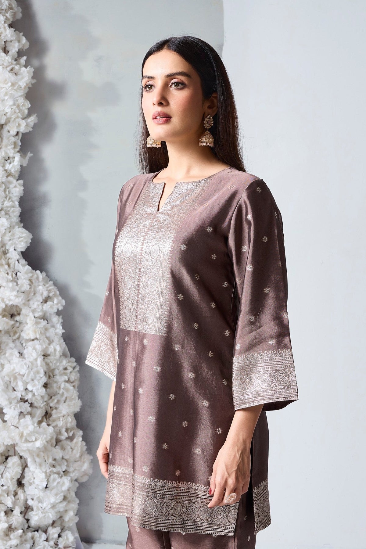 Mocha Brown Embellished Viscose Silk Co-Ord Set