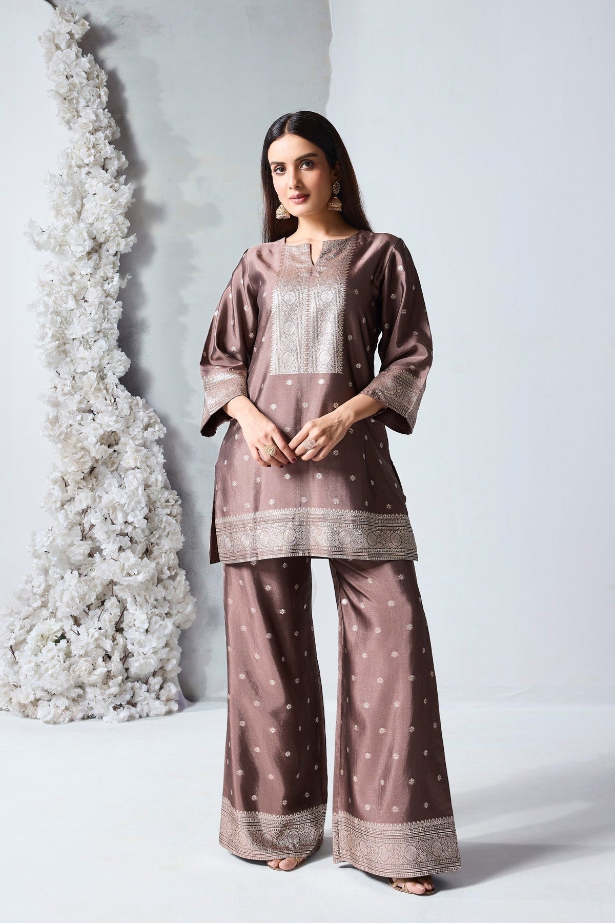 Mocha Brown Embellished Viscose Silk Co-Ord Set