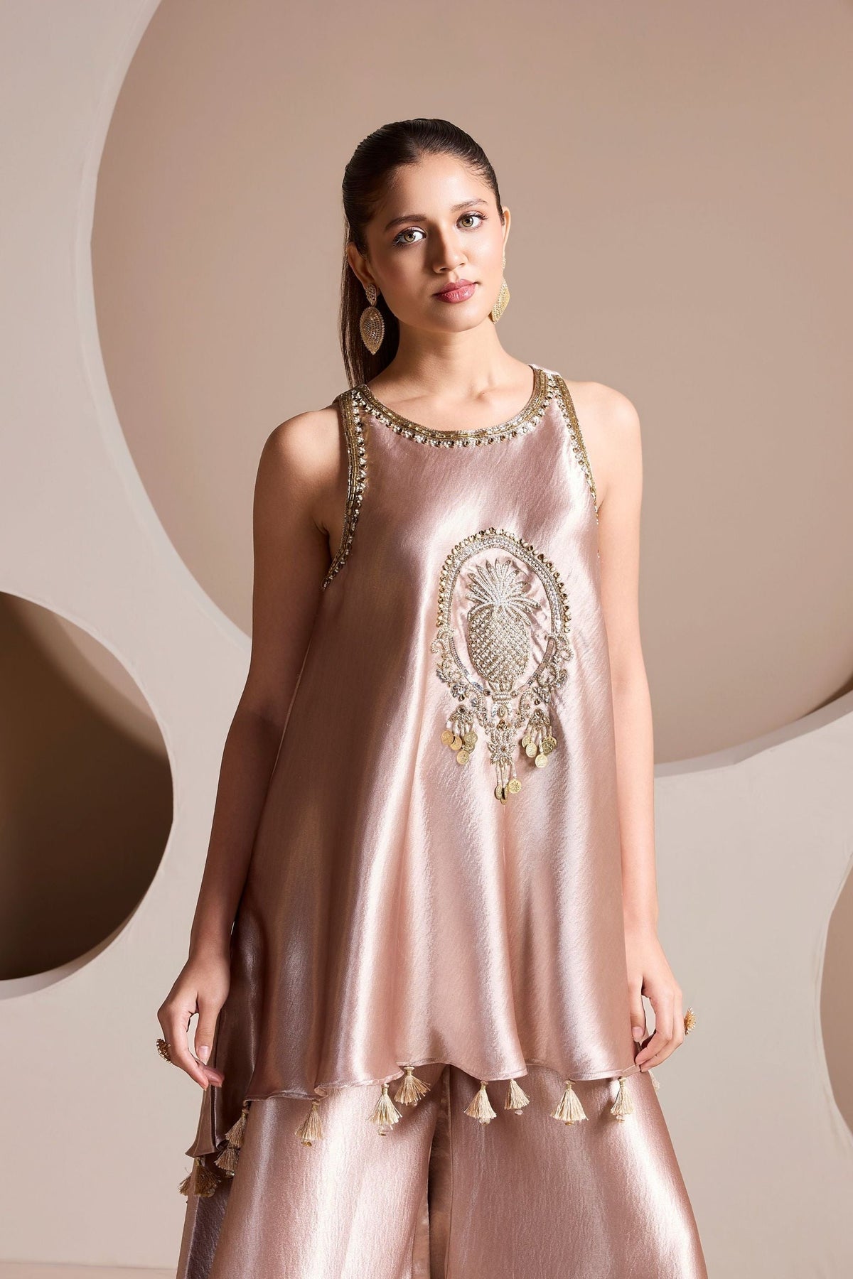 Rose Gold Embellished Crepe Satin Silk Palazzo Set
