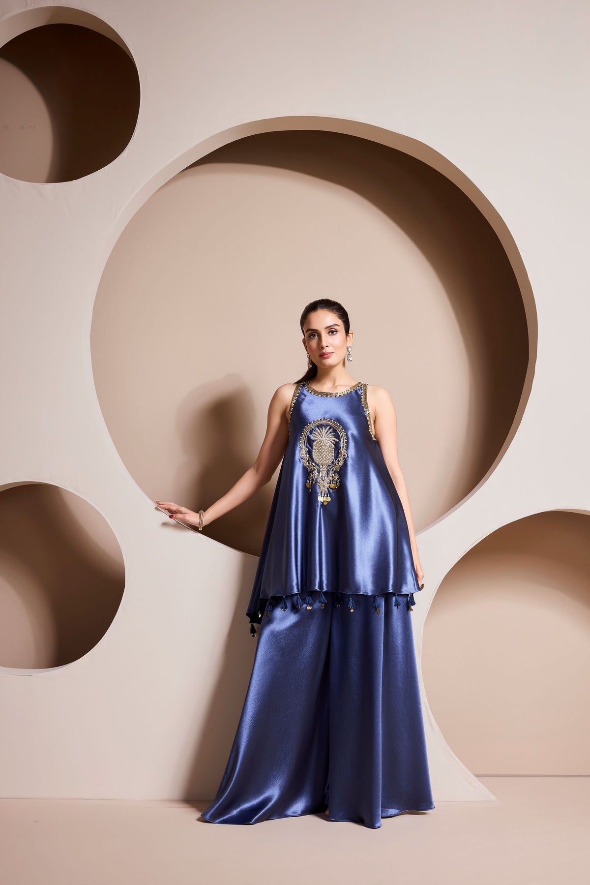 Blue Ocean Embellished Crepe Satin Silk Palazzo Set