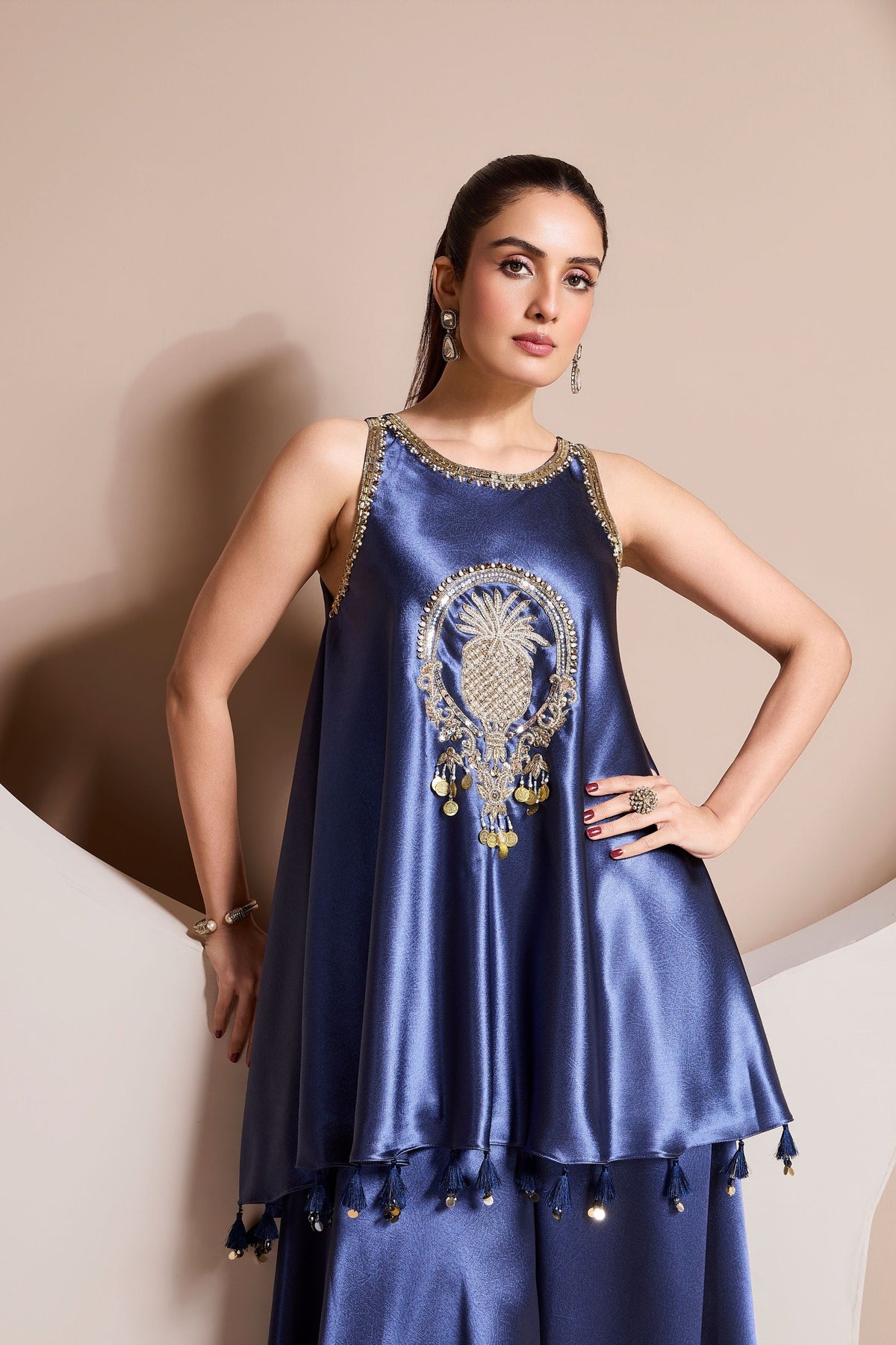 Blue Ocean Embellished Crepe Satin Silk Palazzo Set