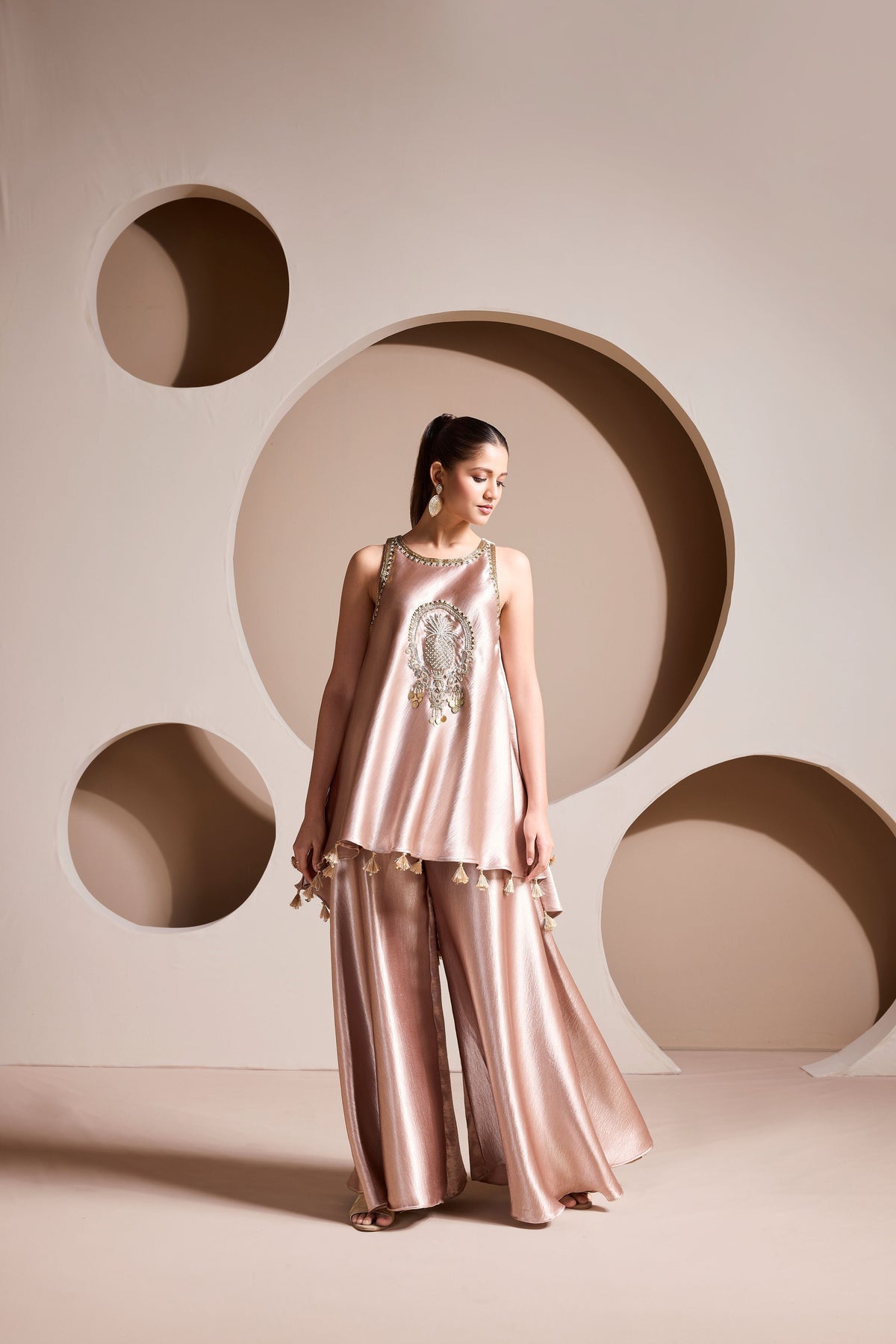 Rose Gold Embellished Crepe Satin Silk Palazzo Set