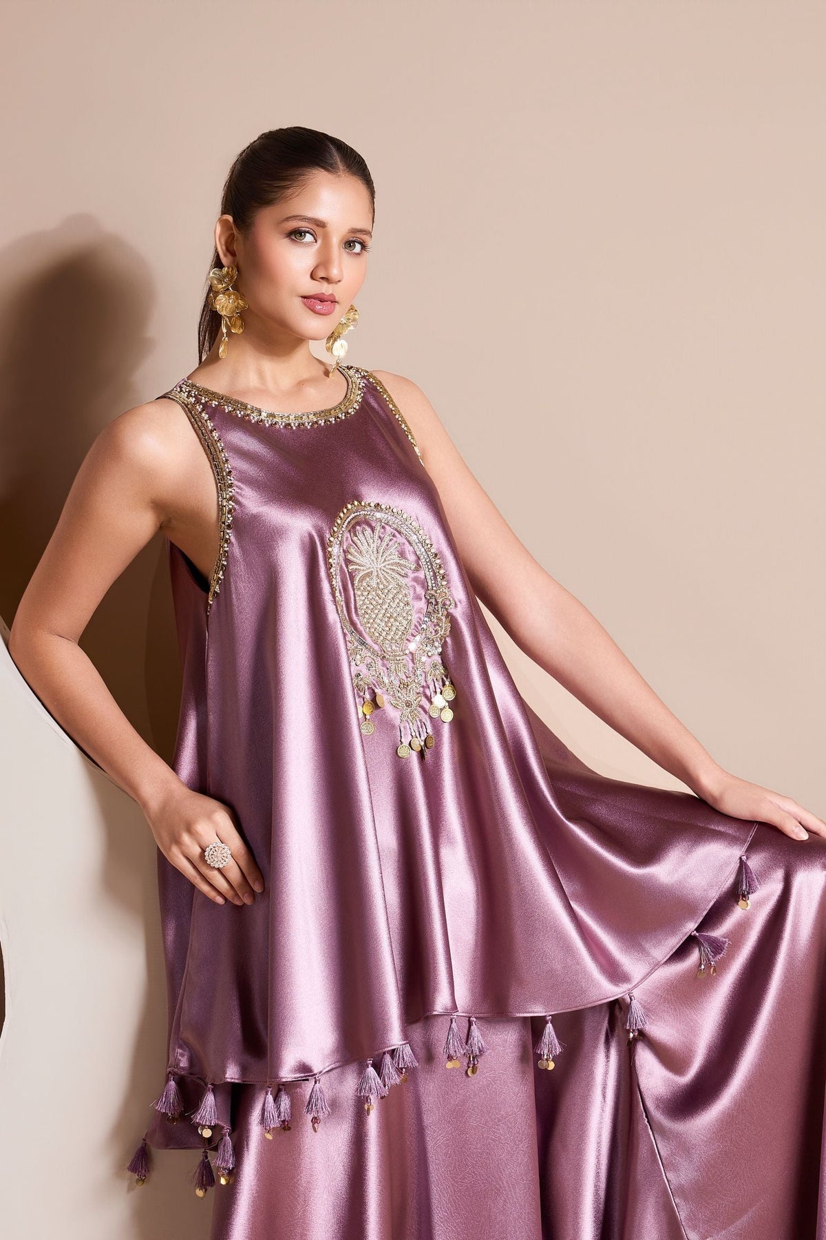 Powder Lilac Embellished Crepe Satin Silk Palazzo Set