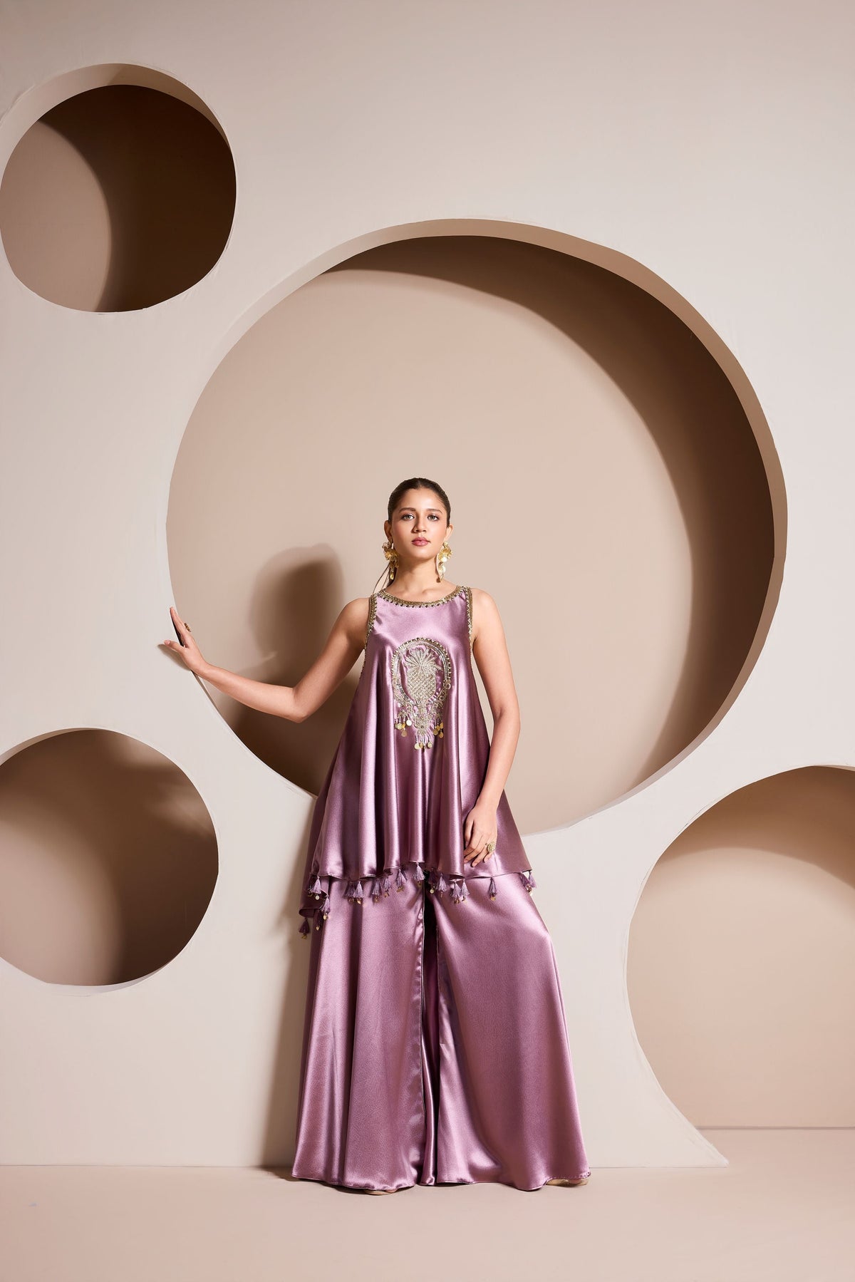 Powder Lilac Embellished Crepe Satin Silk Palazzo Set