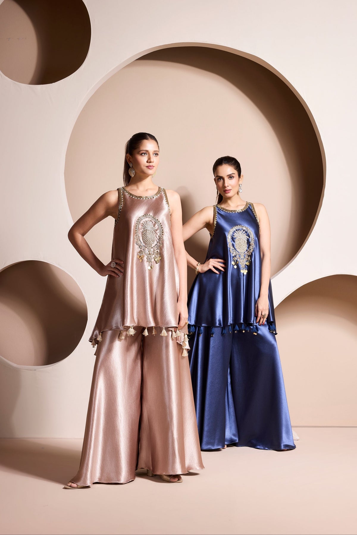 Blue Ocean Embellished Crepe Satin Silk Palazzo Set