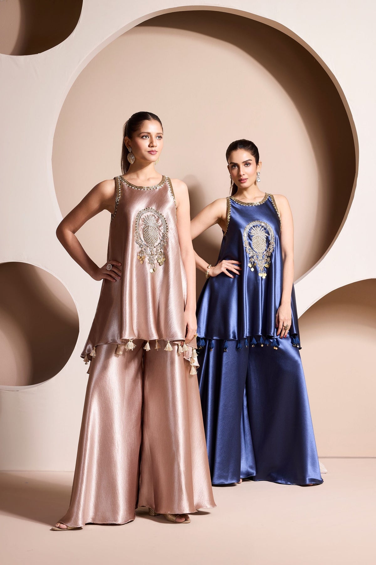 Rose Gold Embellished Crepe Satin Silk Palazzo Set