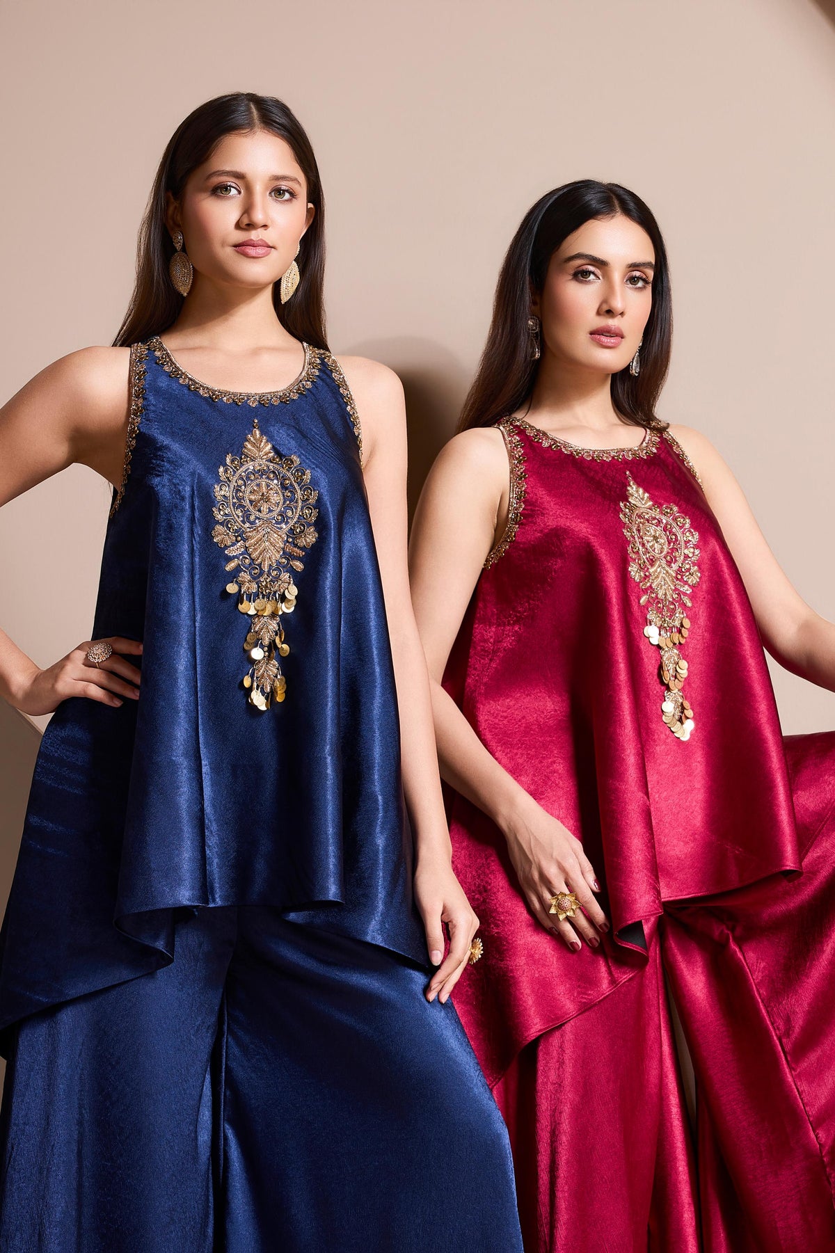 Magenta Embellished Satin Silk Palazzo Set