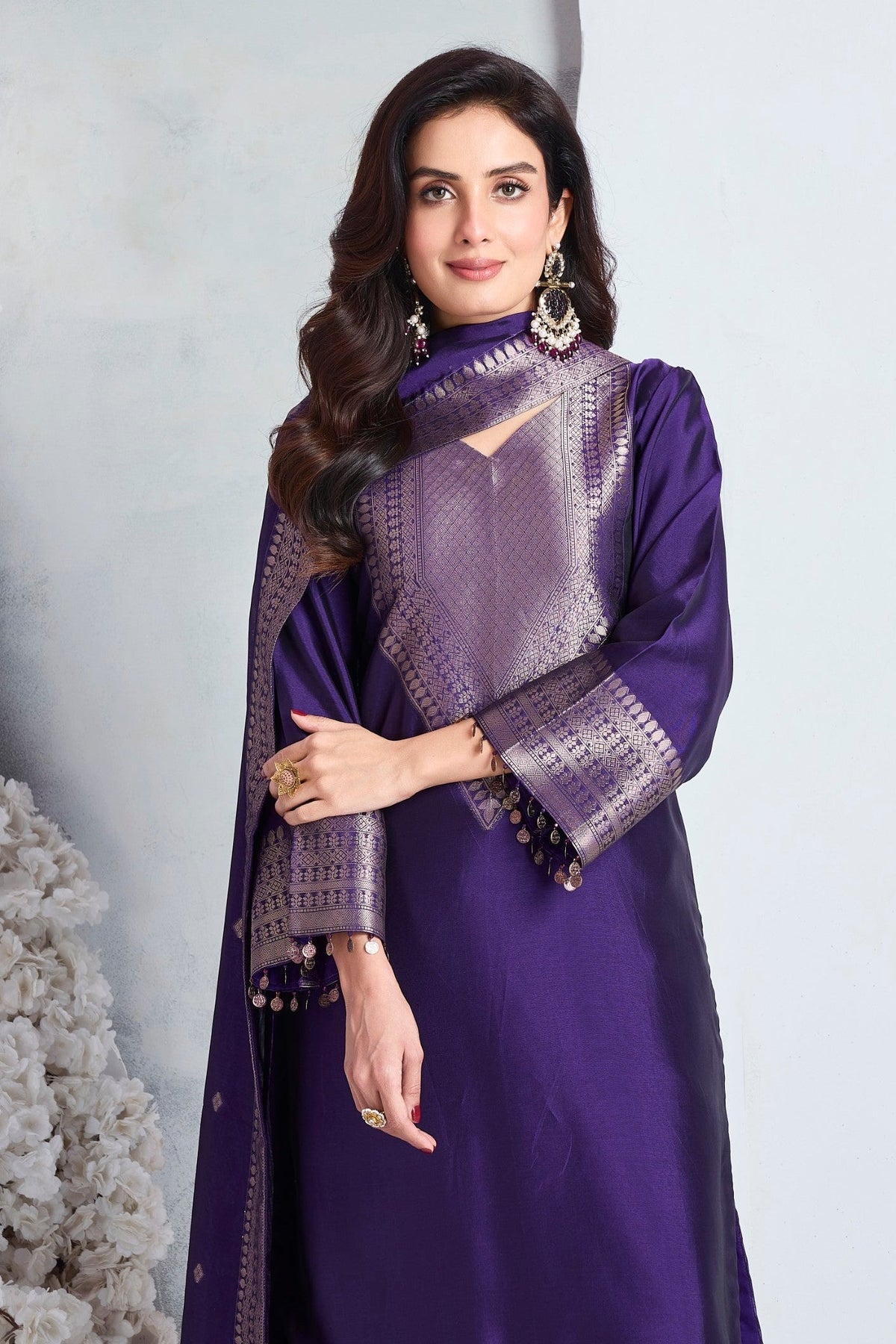 Royal Purple Embellished Viscose Silk Pant Set
