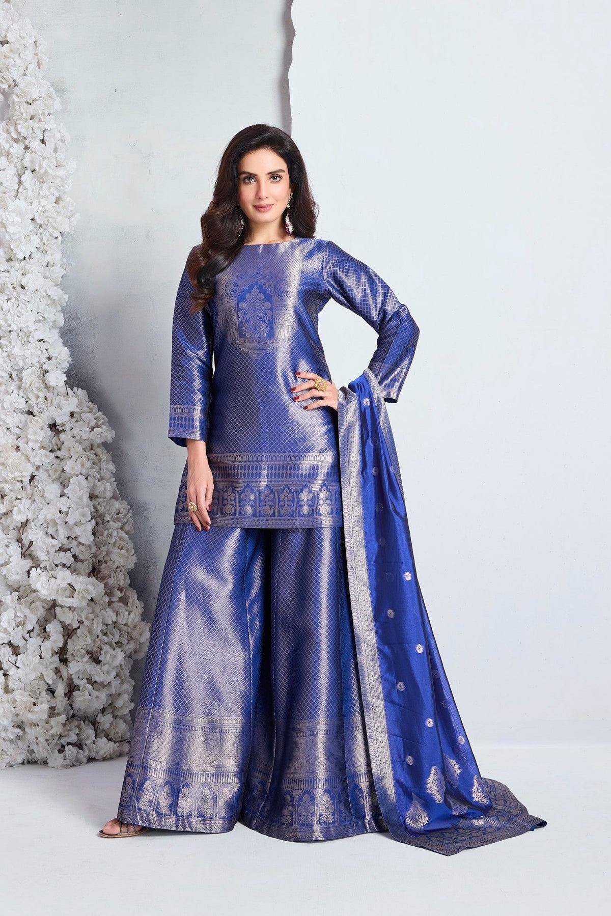 Indigo Blue Embellished Viscose Silk Palazzo Set