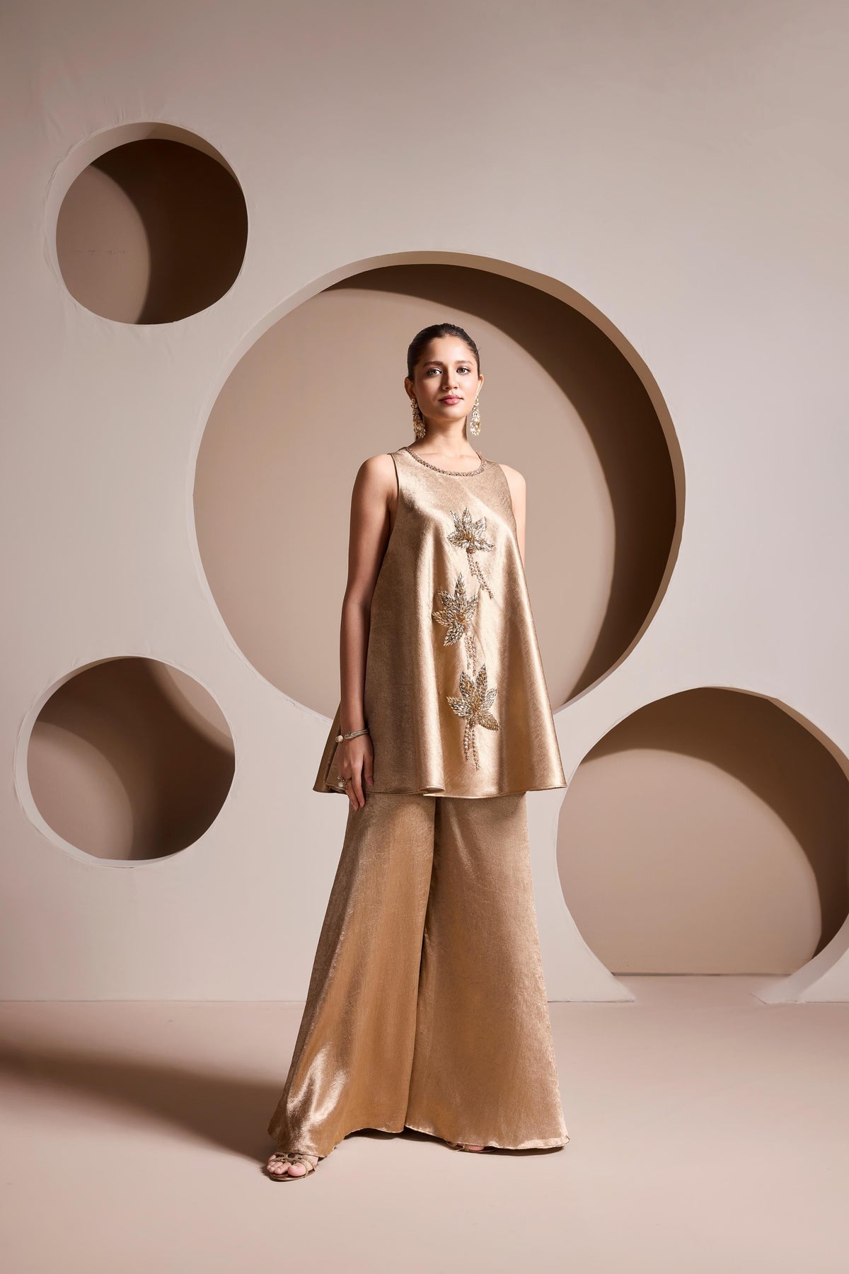 Golden Muse Embellished Satin Silk Palazzo Set