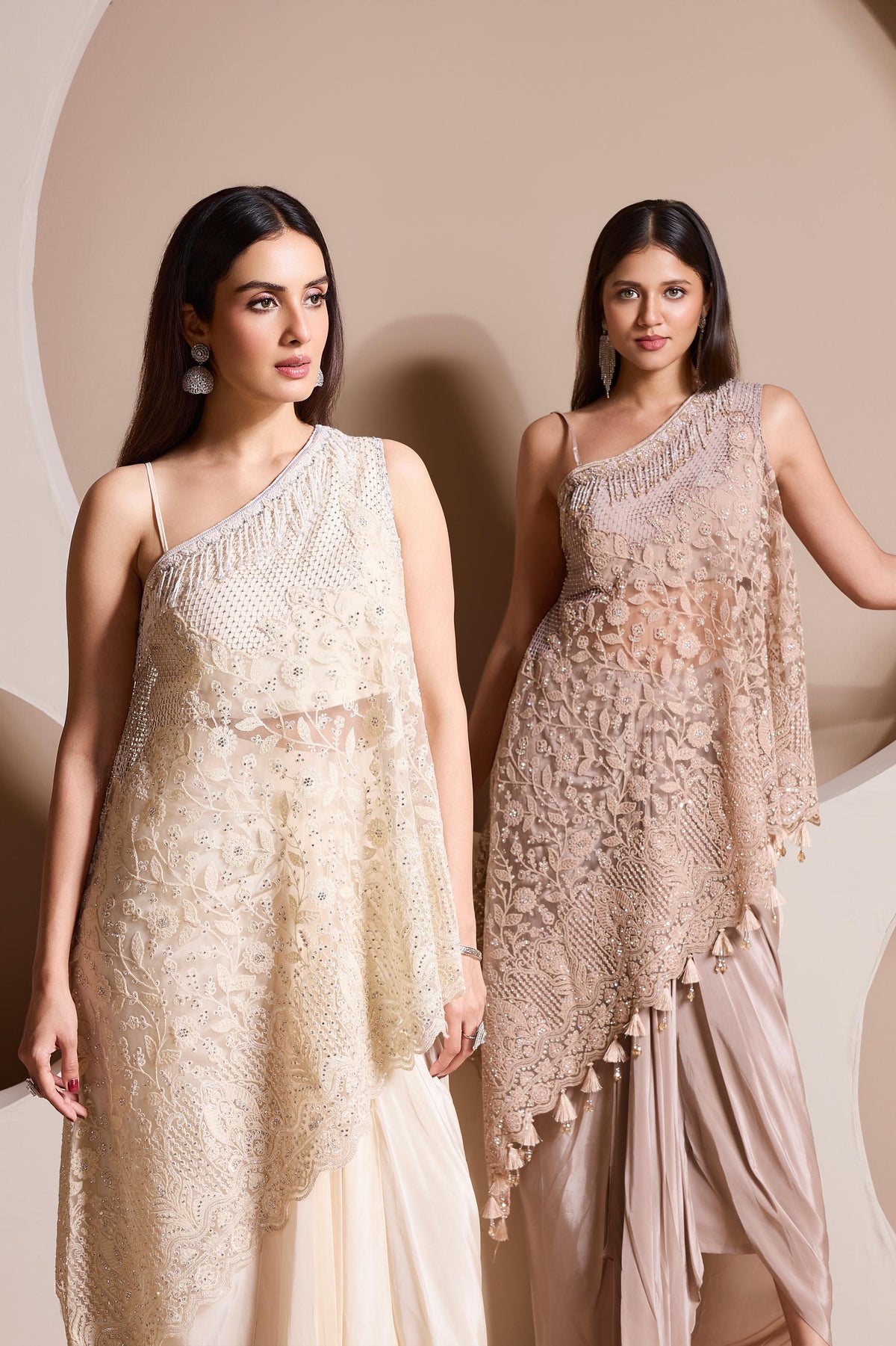 Champagne Ivory Embellished Satin Silk Skirt Set