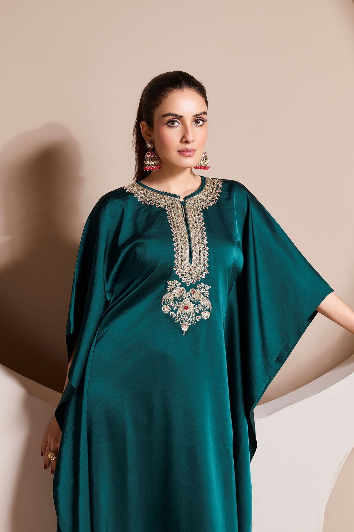 Teal Embellished Premium Satin Silk Kaftan Set