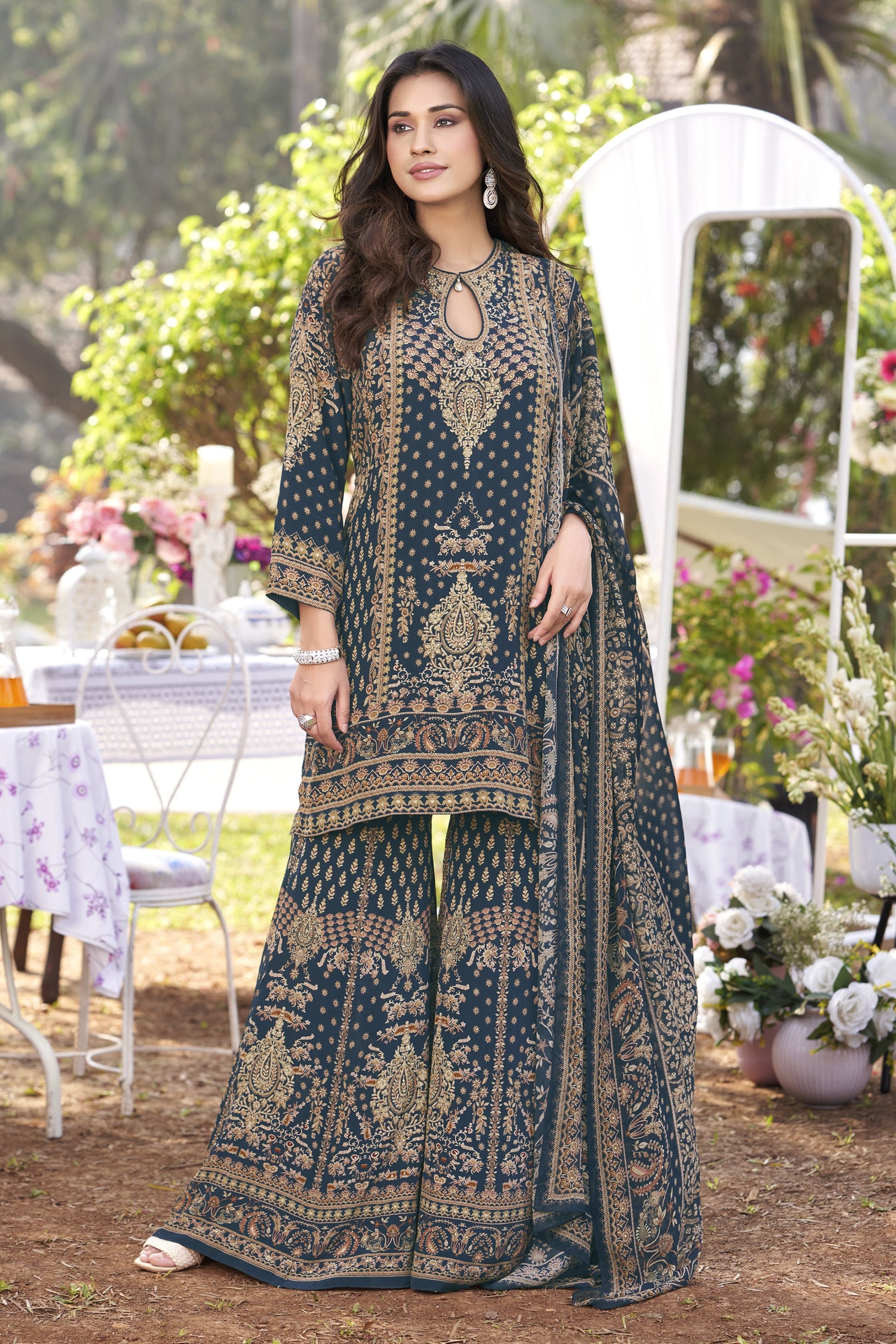 Teal Printed Crepe Silk Sharara Set