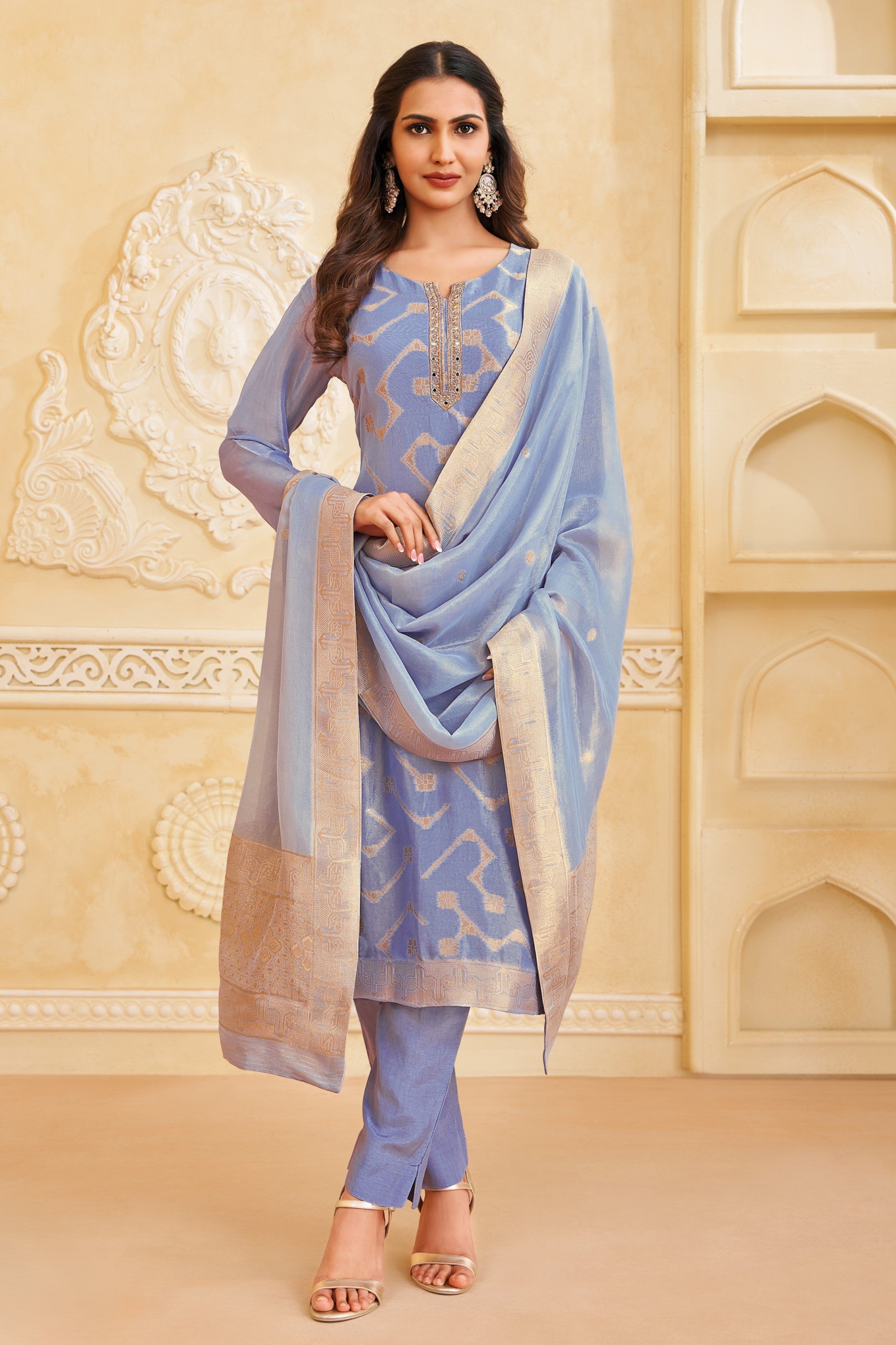 Powder Blue Embellished Tissue Georgette Pant Set