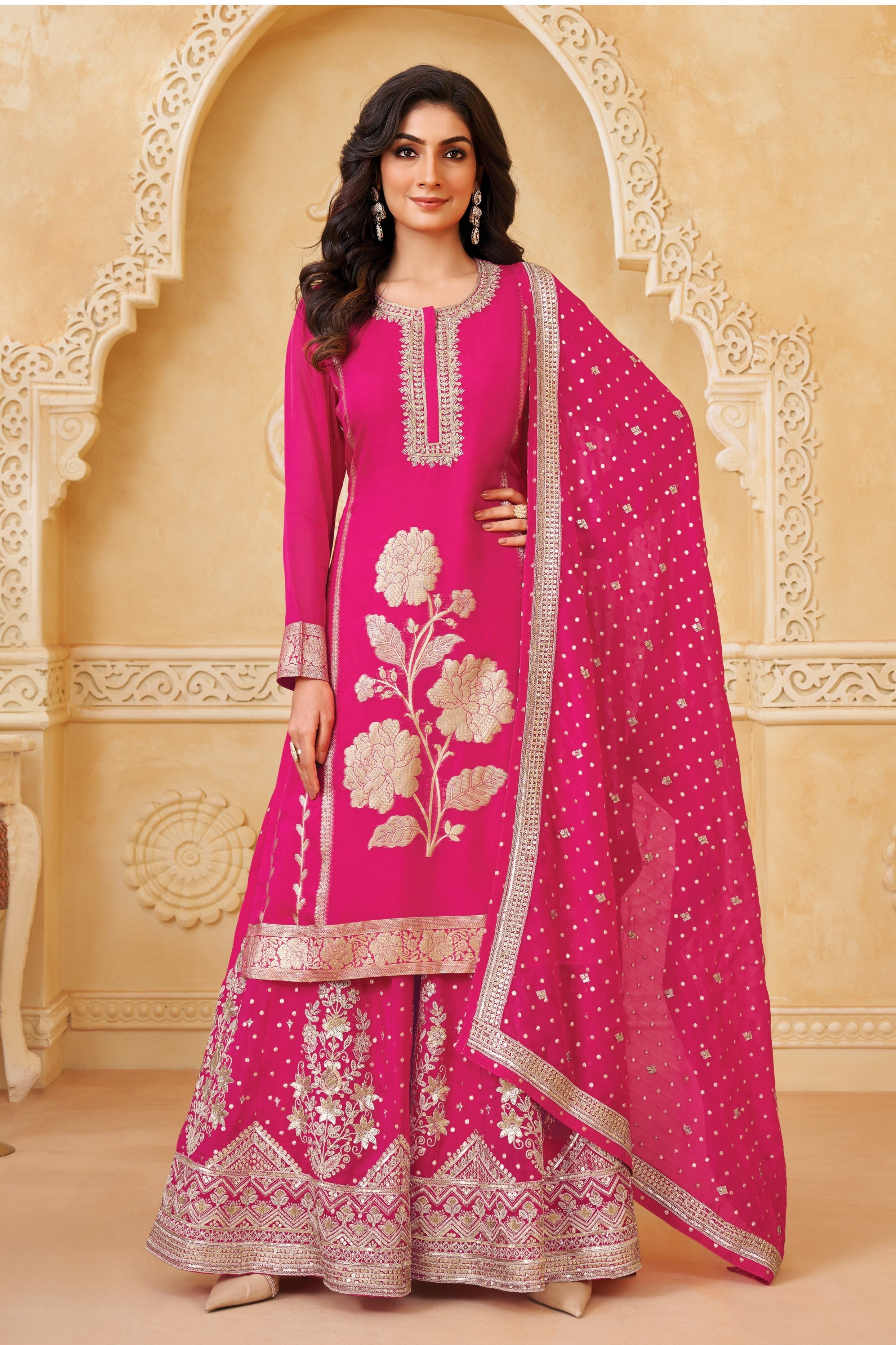 Vibrant Rani Pink Embellished Organza Silk Palazzo Set