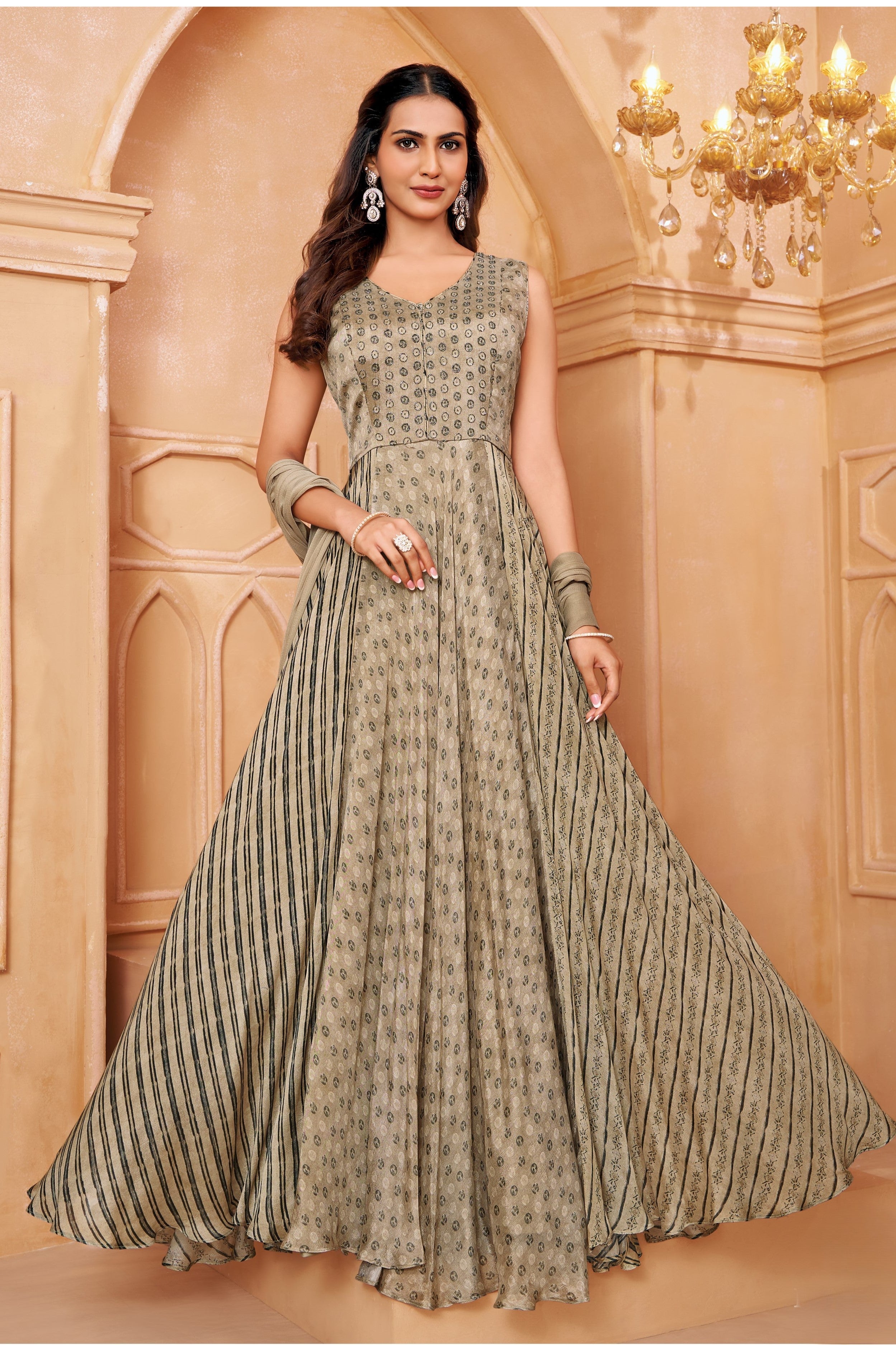 khaki Green Printed Crepe Silk Anarkali Set