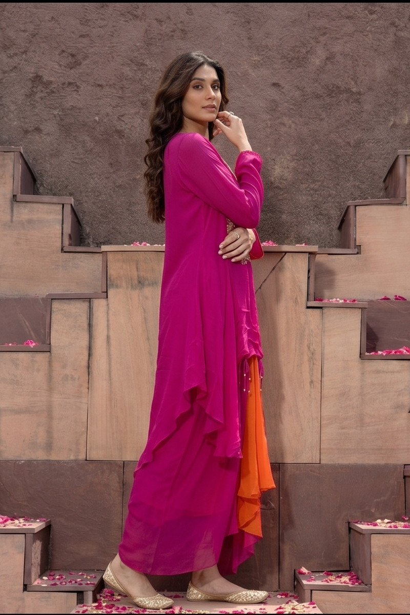 Magenta Pink Embellished Georgette Silk Skirt Set