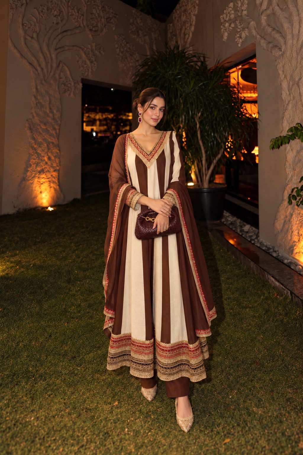 Chocolate Ivory Emebllished Pure Crepe Silk Anarkali Set