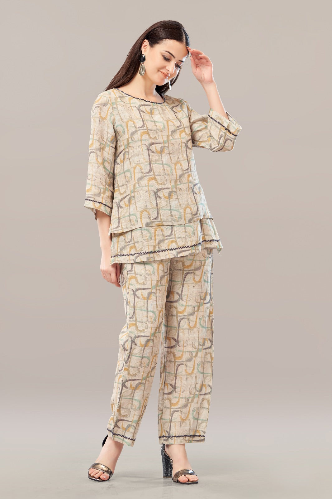 Pastel Ivory Digital Printed German Linen Co-Ord Set