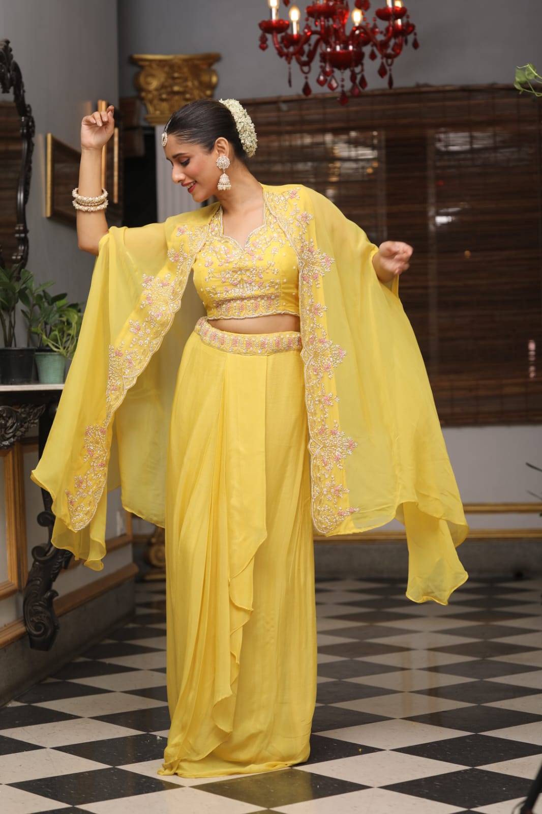 Yellow Embroidered Premium Chinon Silk Cape Set