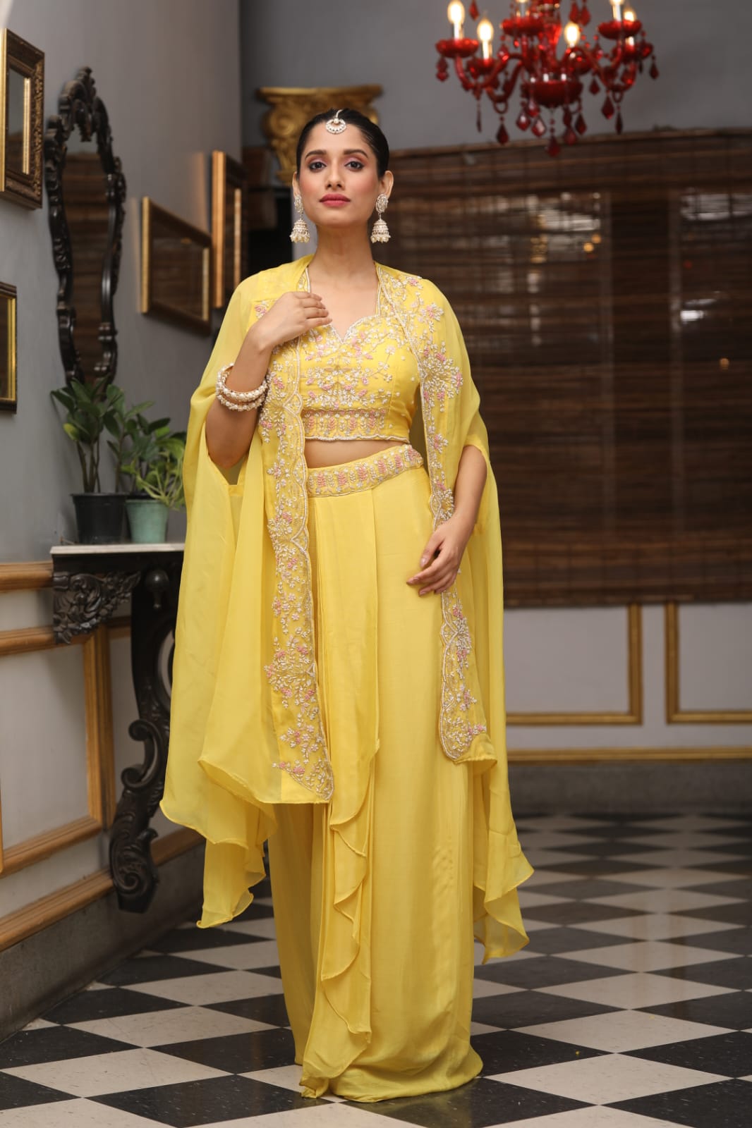 Yellow Embroidered Premium Chinon Silk Cape Set