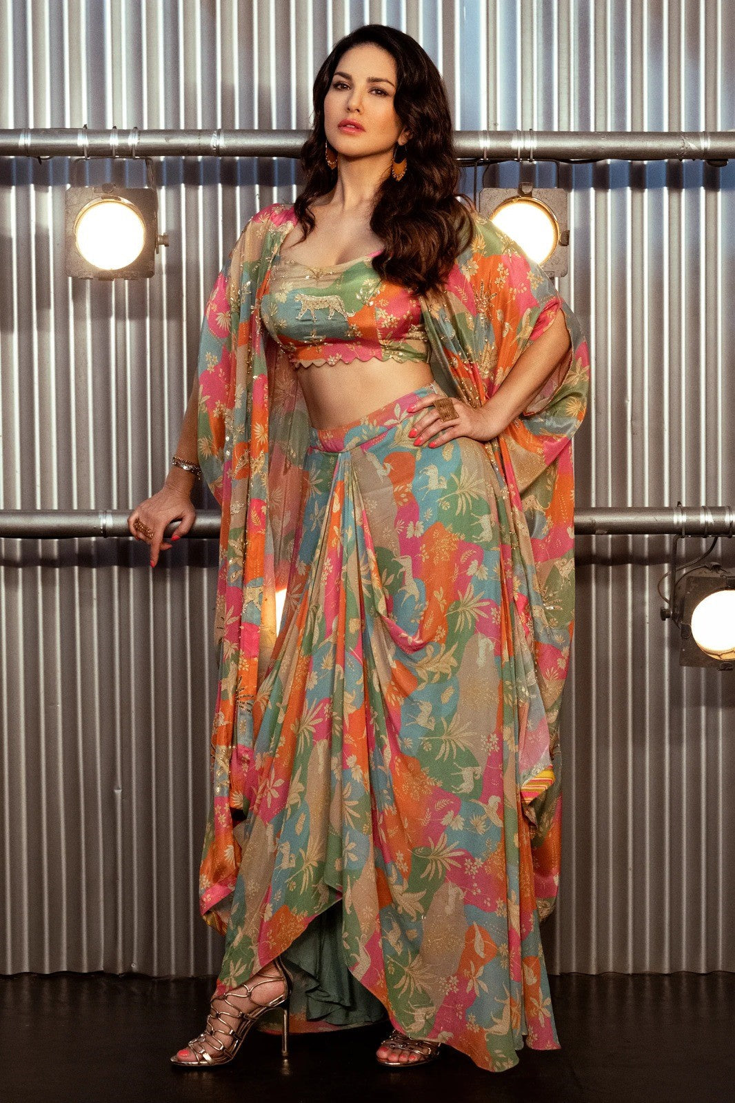 Multicolor Printed Italian Silk Cape Set