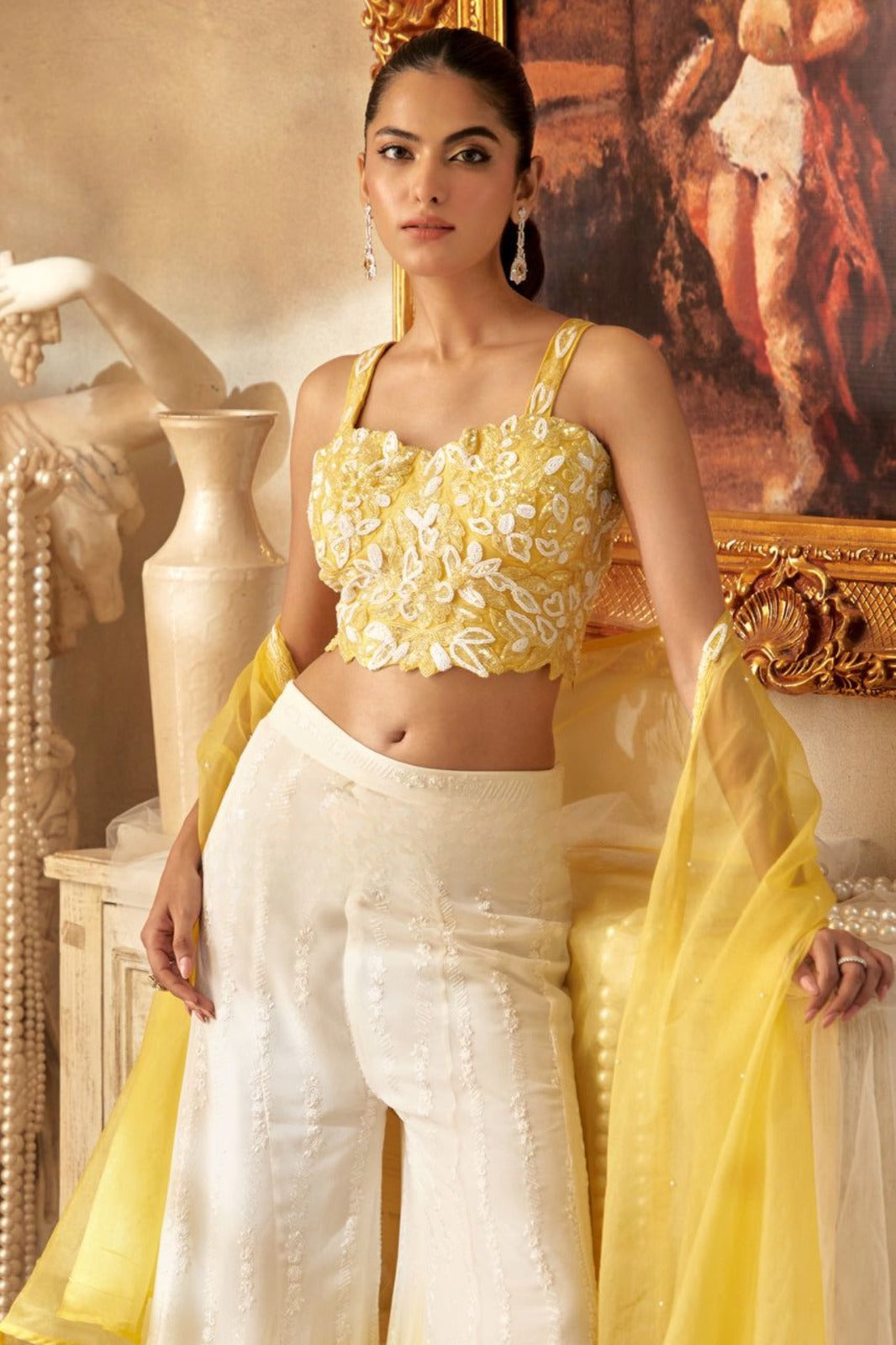 Yellow Embellished Organza Silk Cape Set