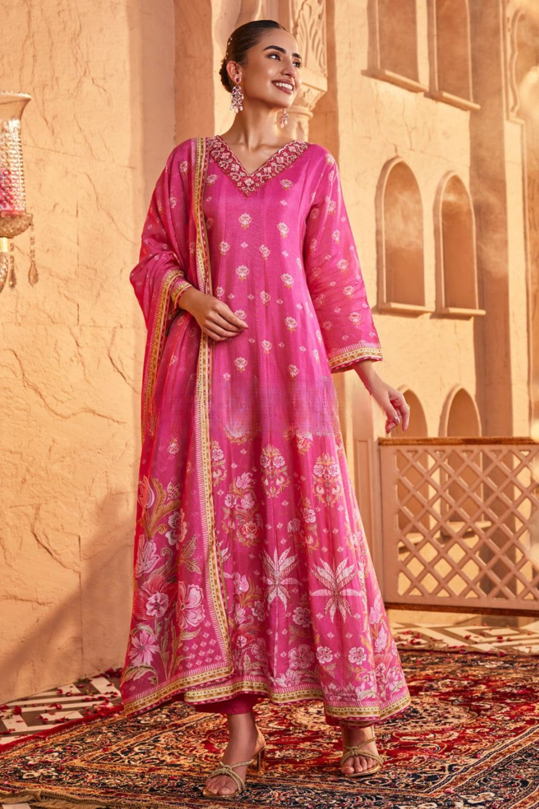 Pink Floral Printed Chinon Silk Anarkali Set