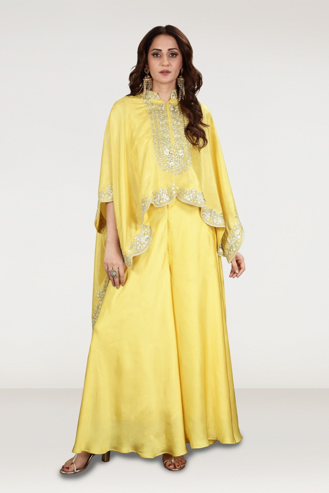 Sunshine Yellow Embellished Satin Silk Kaftan Set