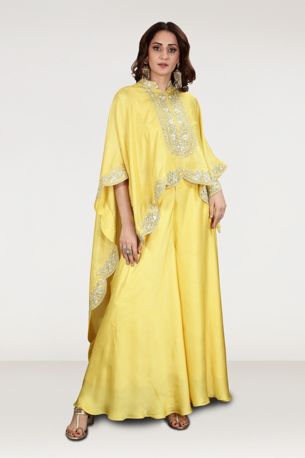 Sunshine Yellow Embellished Satin Silk Kaftan Set