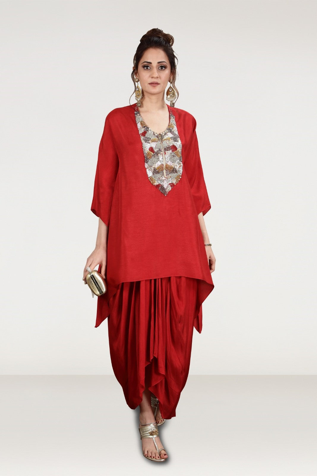 Rustic Red Embellished Premium Silk Draped Skirt Set