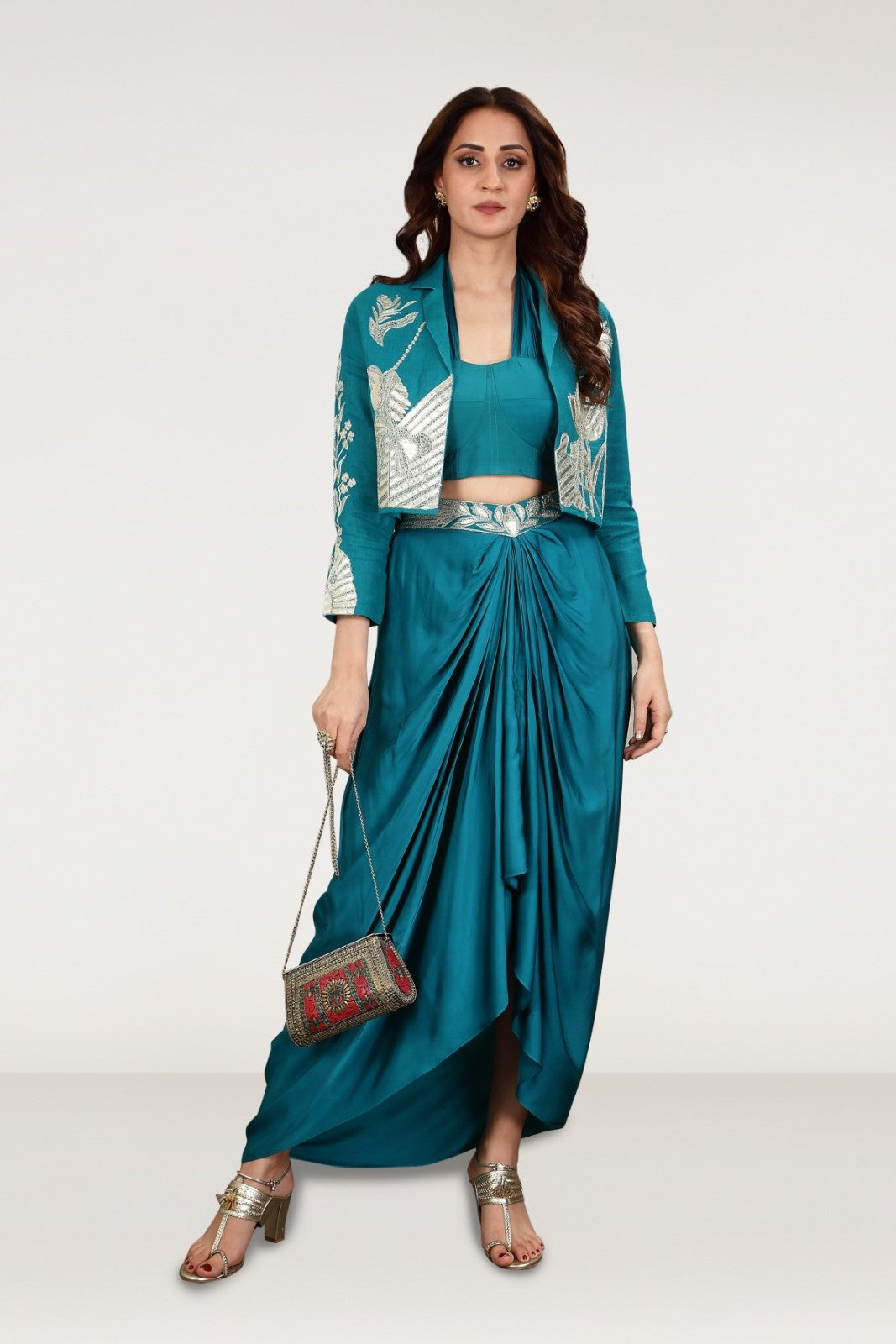 Teal Embellished Satin Silk Draped Skirt Set