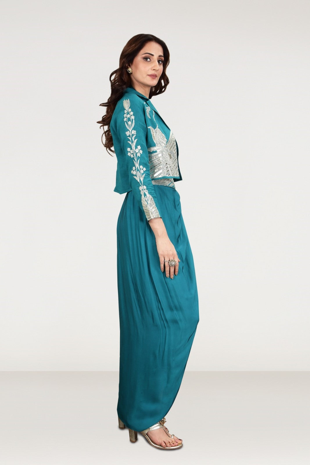 Teal Embellished Satin Silk Draped Skirt Set