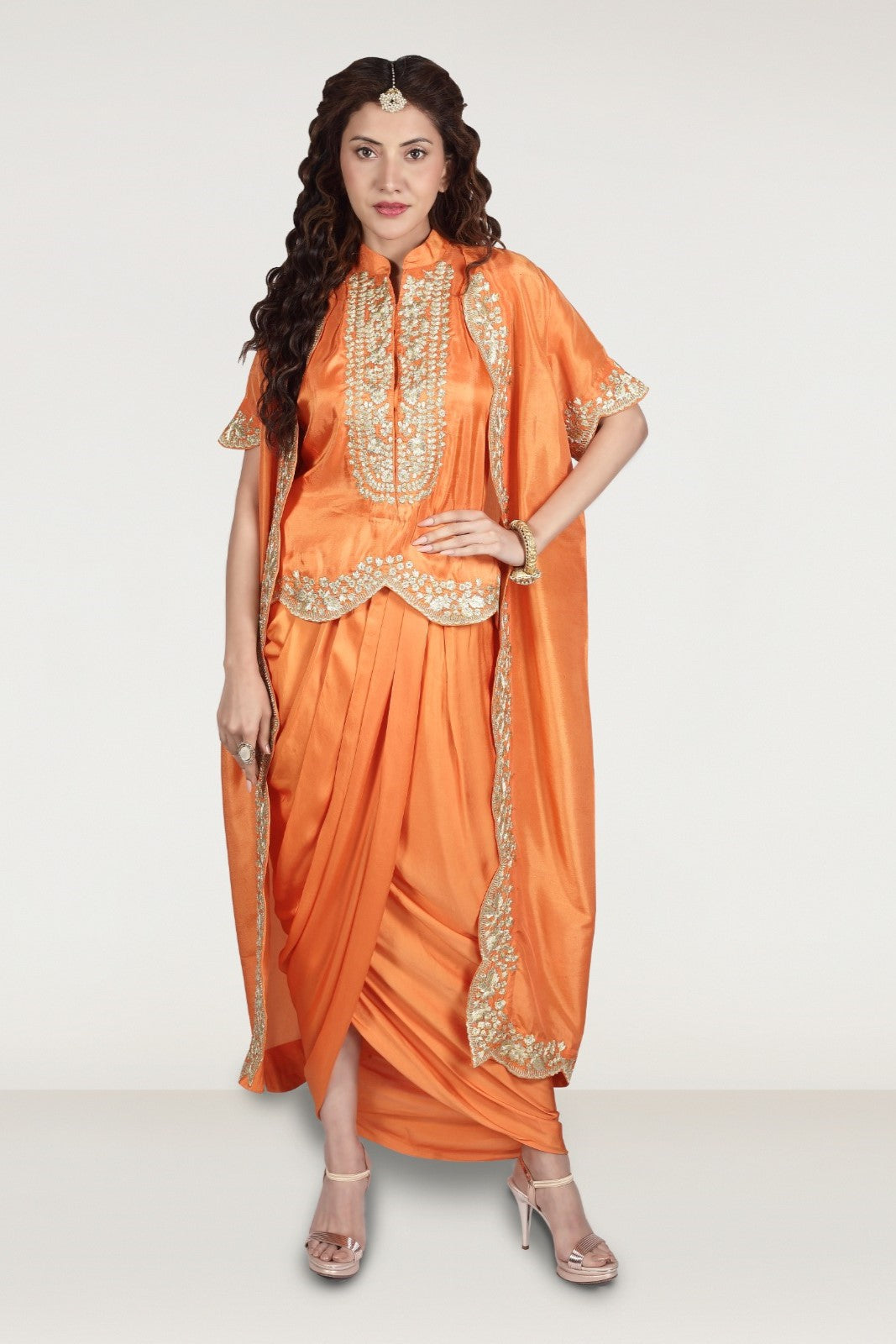 Festive Orange Embellished Satin Silk Draped Skirt Set