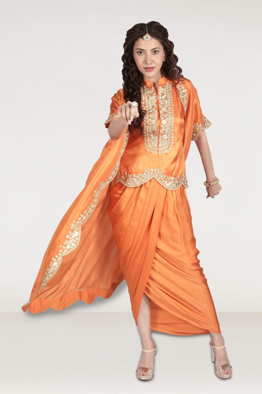 Festive Orange Embellished Satin Silk Draped Skirt Set