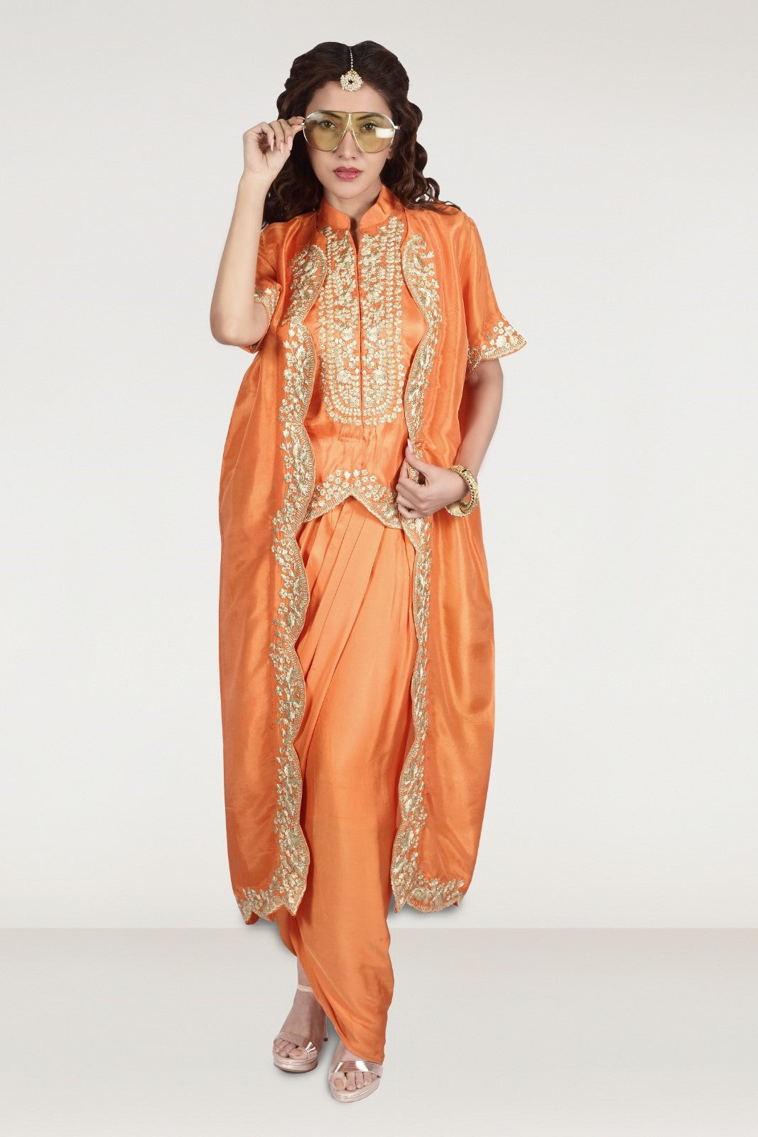 Festive Orange Embellished Satin Silk Draped Skirt Set