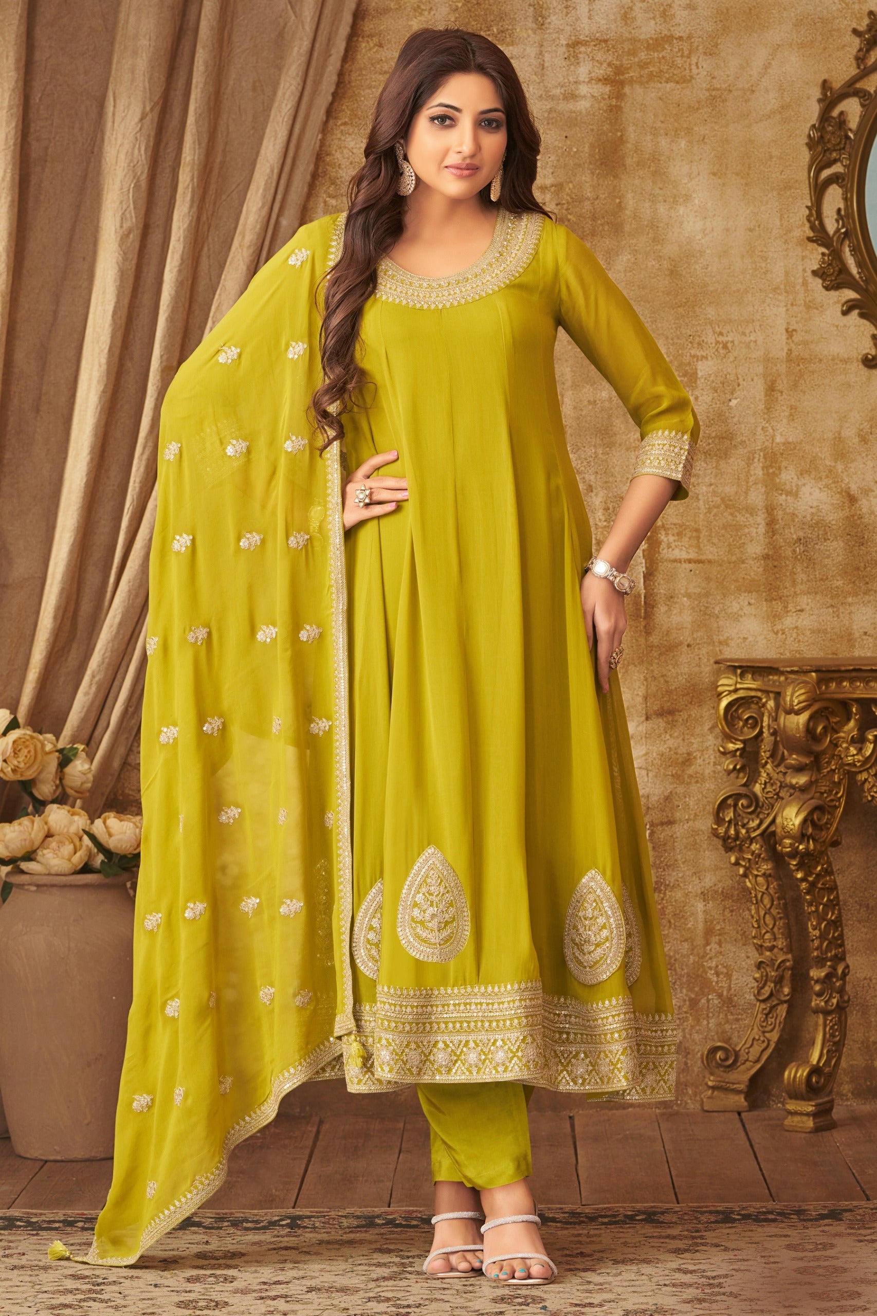 Green Embellished Georgette Silk Anarkali Set