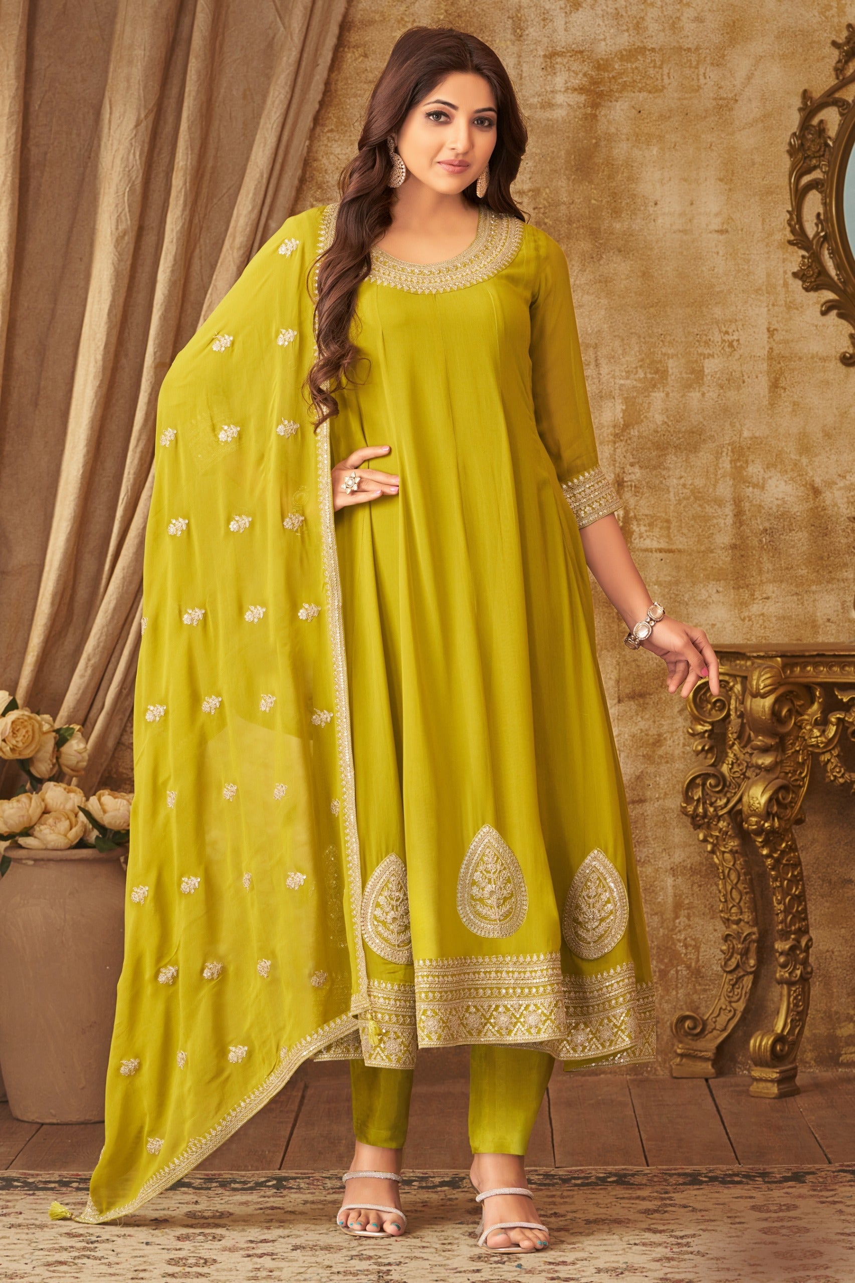 Green Embellished Georgette Silk Anarkali Set