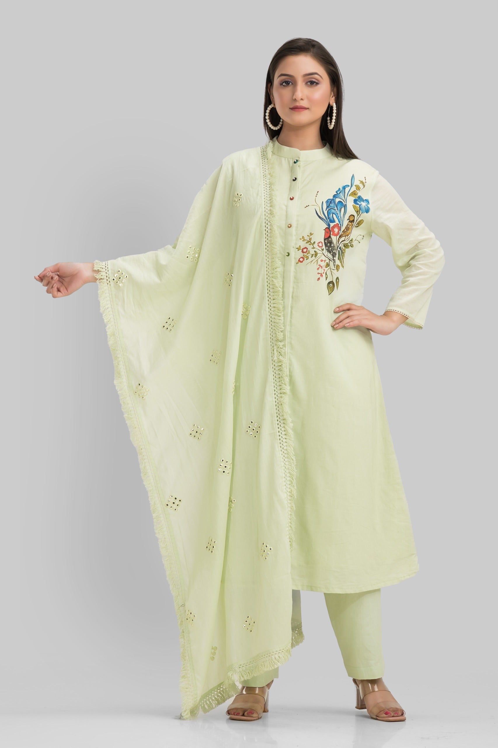 Mint Green Hand Painted Organic Cotton Kurta Pants Set