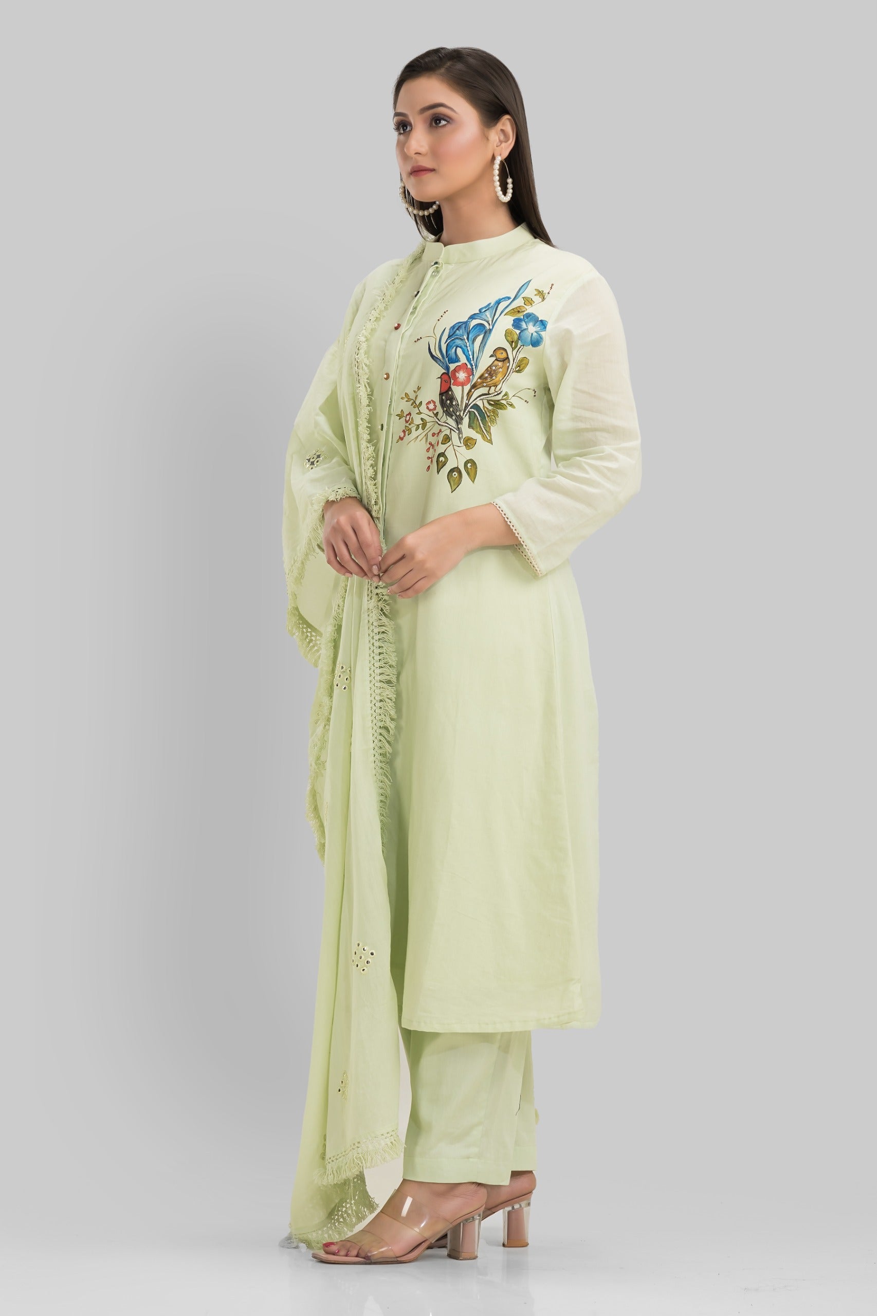 Mint Green Hand Painted Organic Cotton Kurta Pants Set